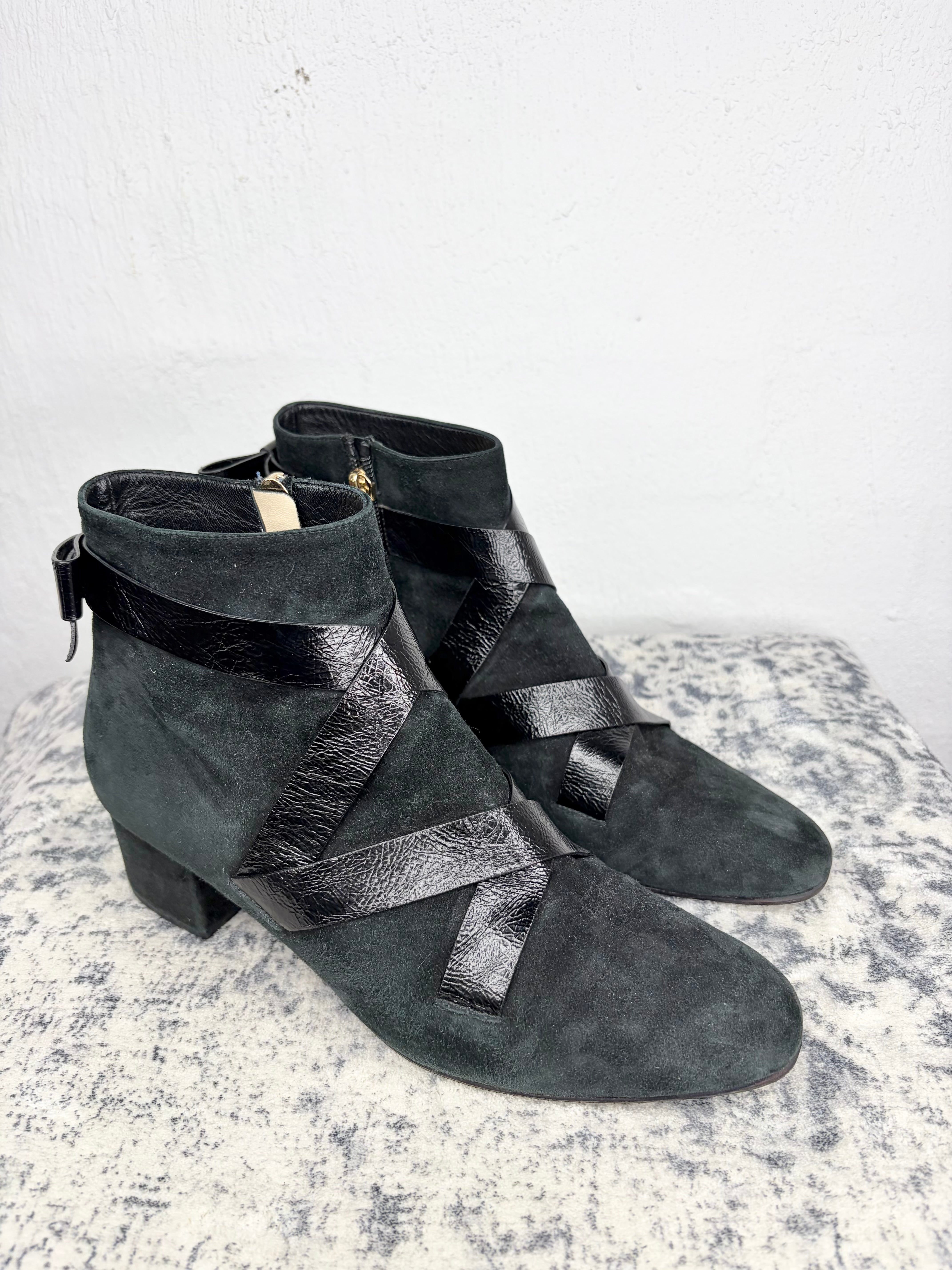 Jimmy Choo Black Suede Crackled Leather Strap Ankle Boots - EU40