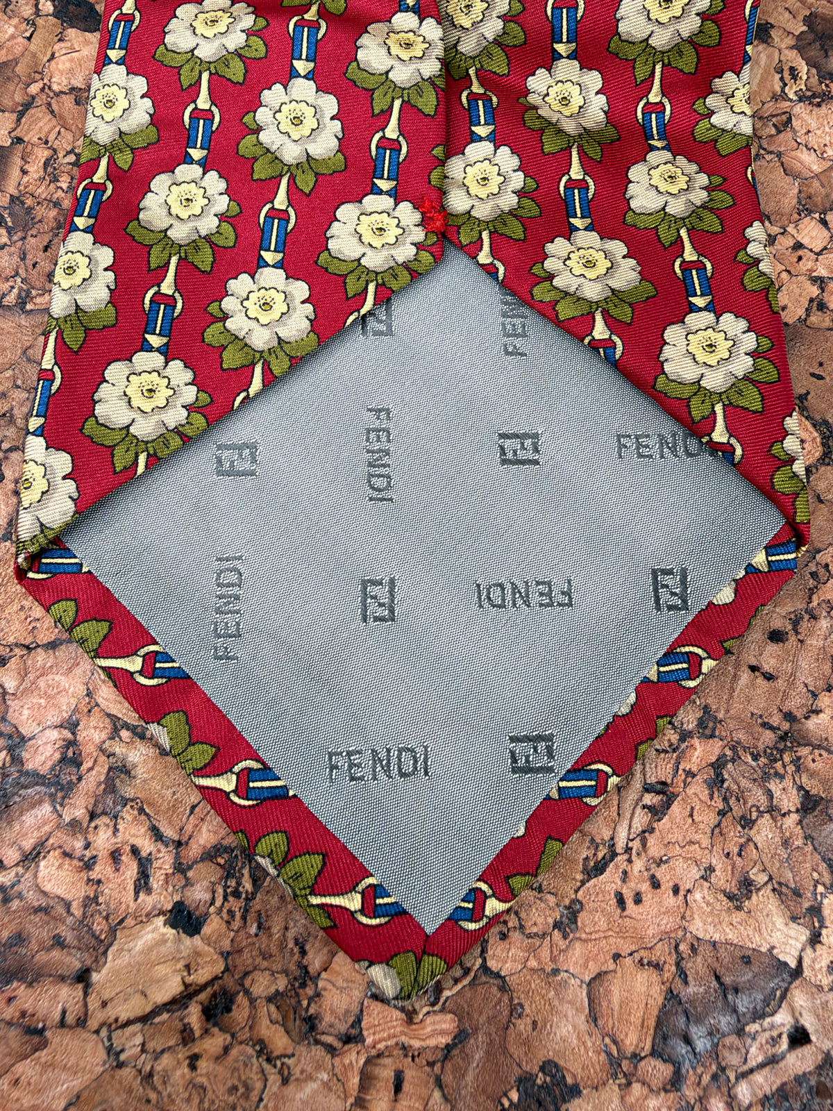 Fendi Red Silk & Cream Floral Silk Tie