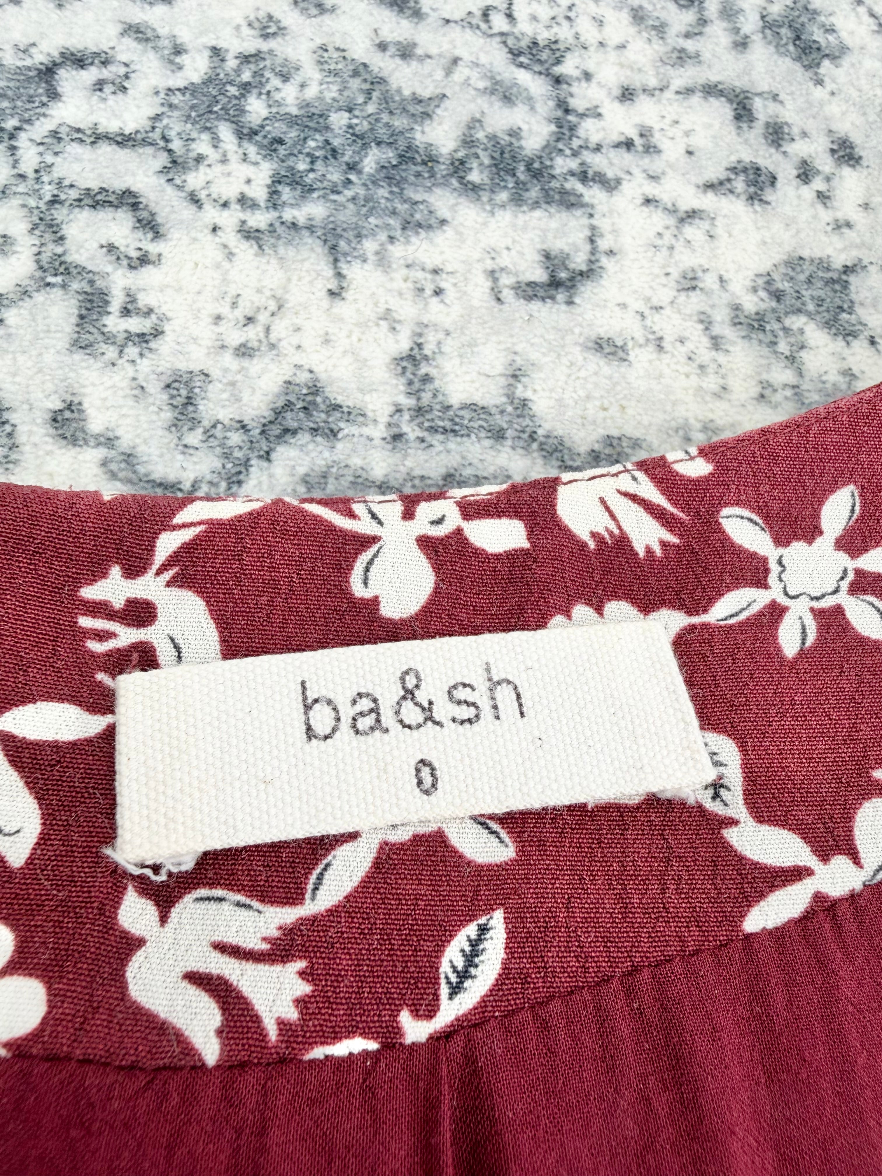 Ba&sh Burgundy & Cream Patterned Ruched Sleeve Dress - AU8/10