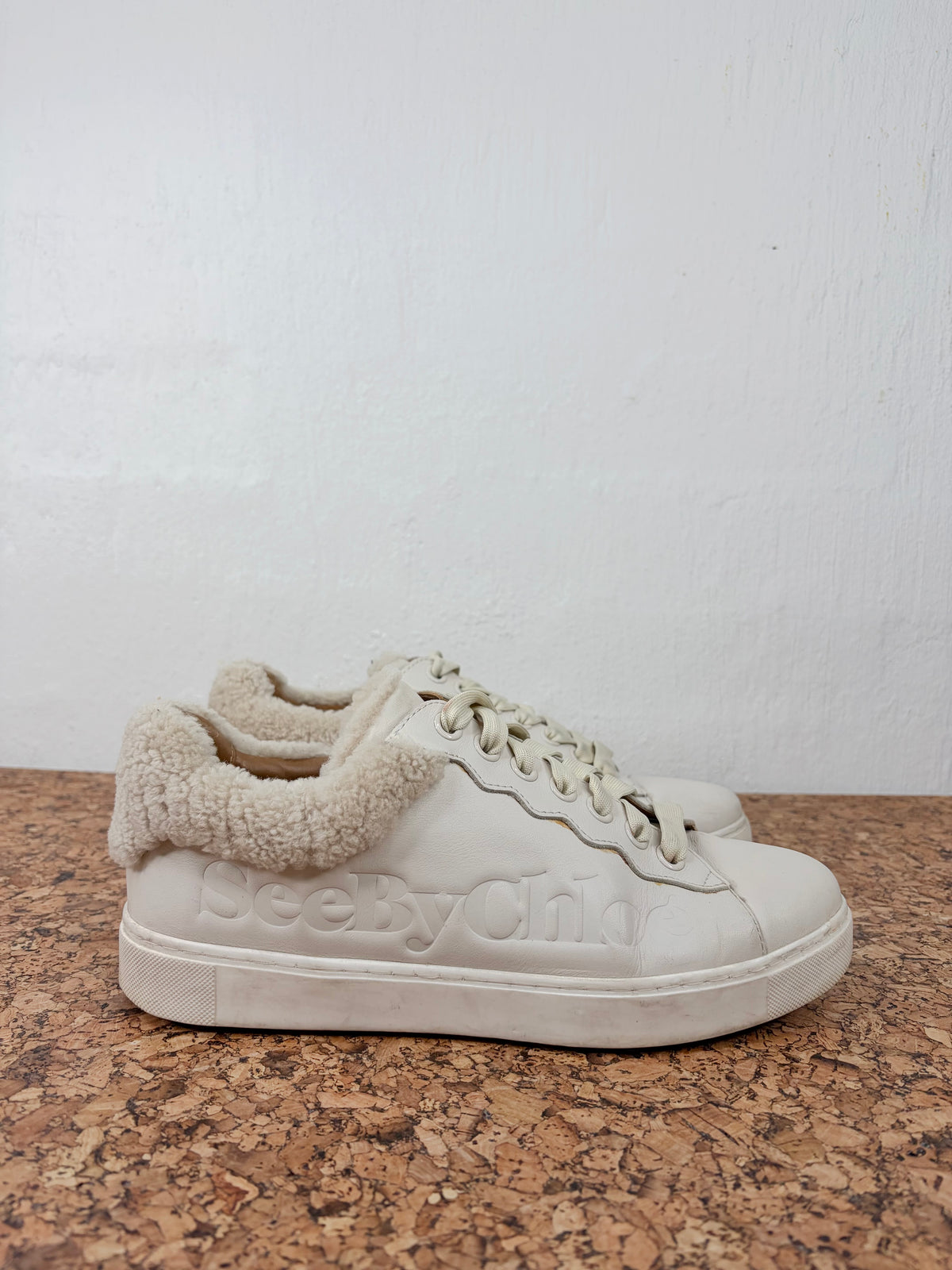 See by Chloé Ecru Shearling Trim Leather Lace Up Sneakers - EU40