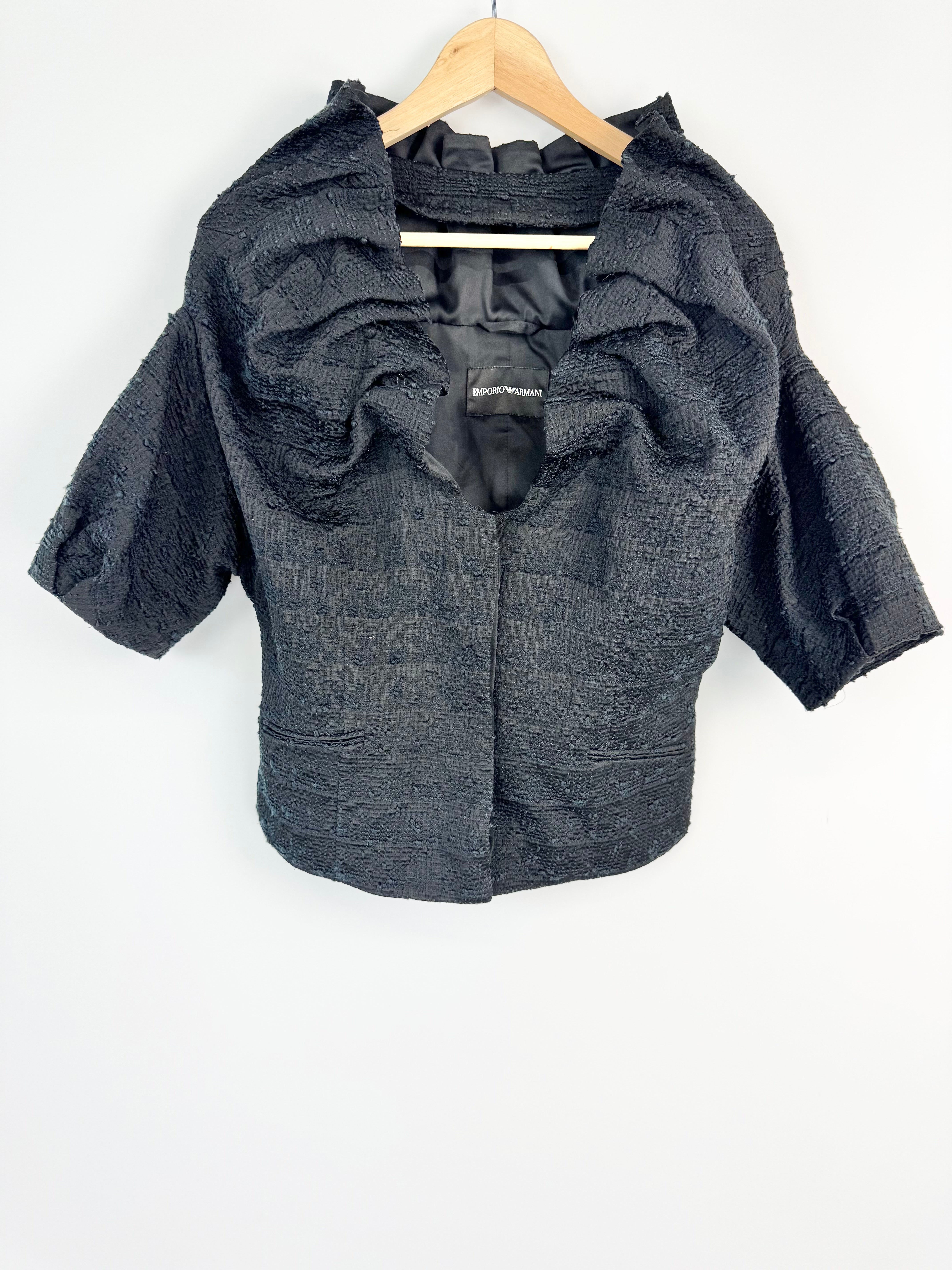 Emporio Armani Midnight Blue & Black Woven Ruffle Blazer - AU12/14