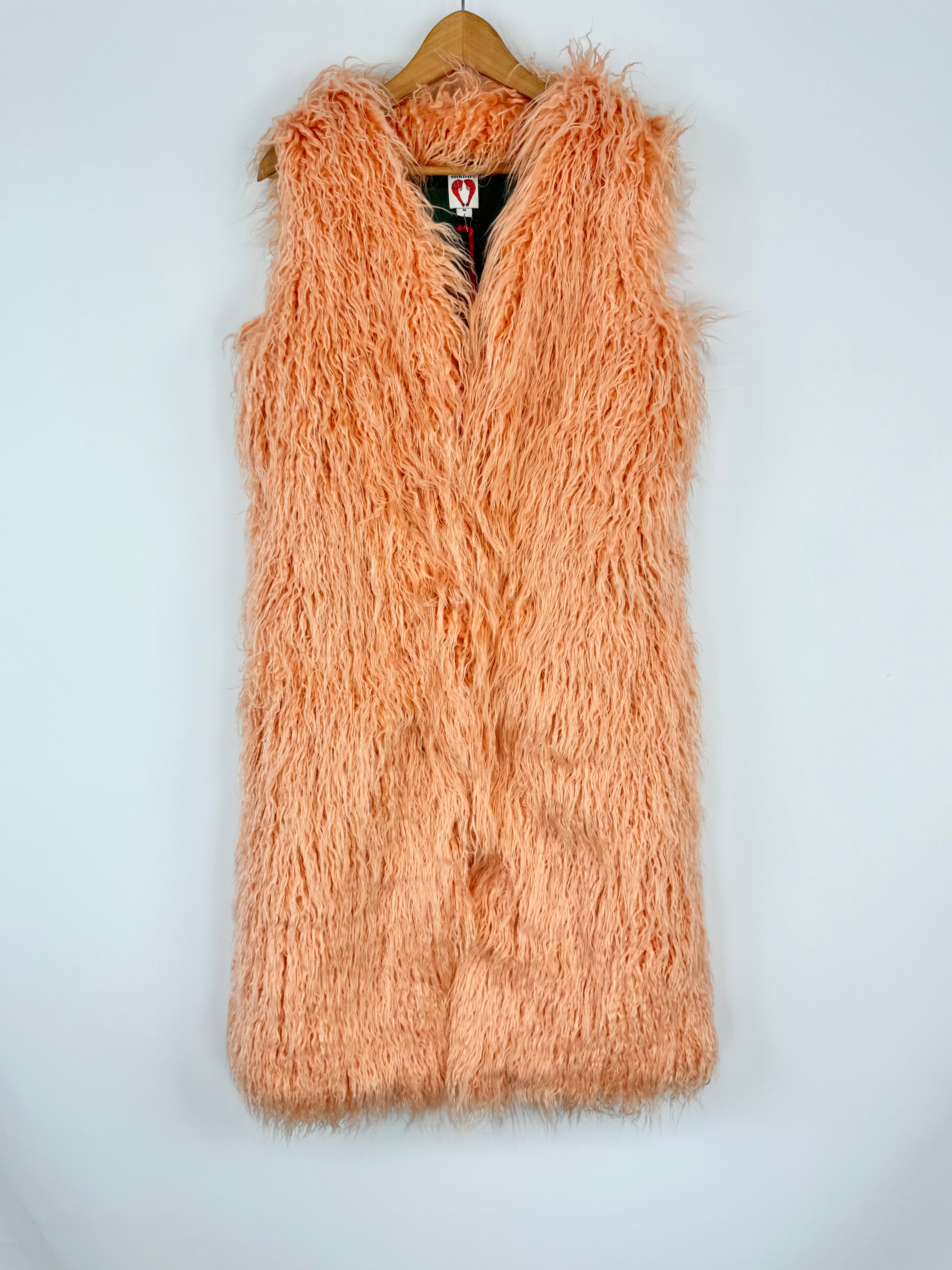 Shrimps Peach 'Darcy' Long Faux Shearling Sleeveless Coat - AU10/12