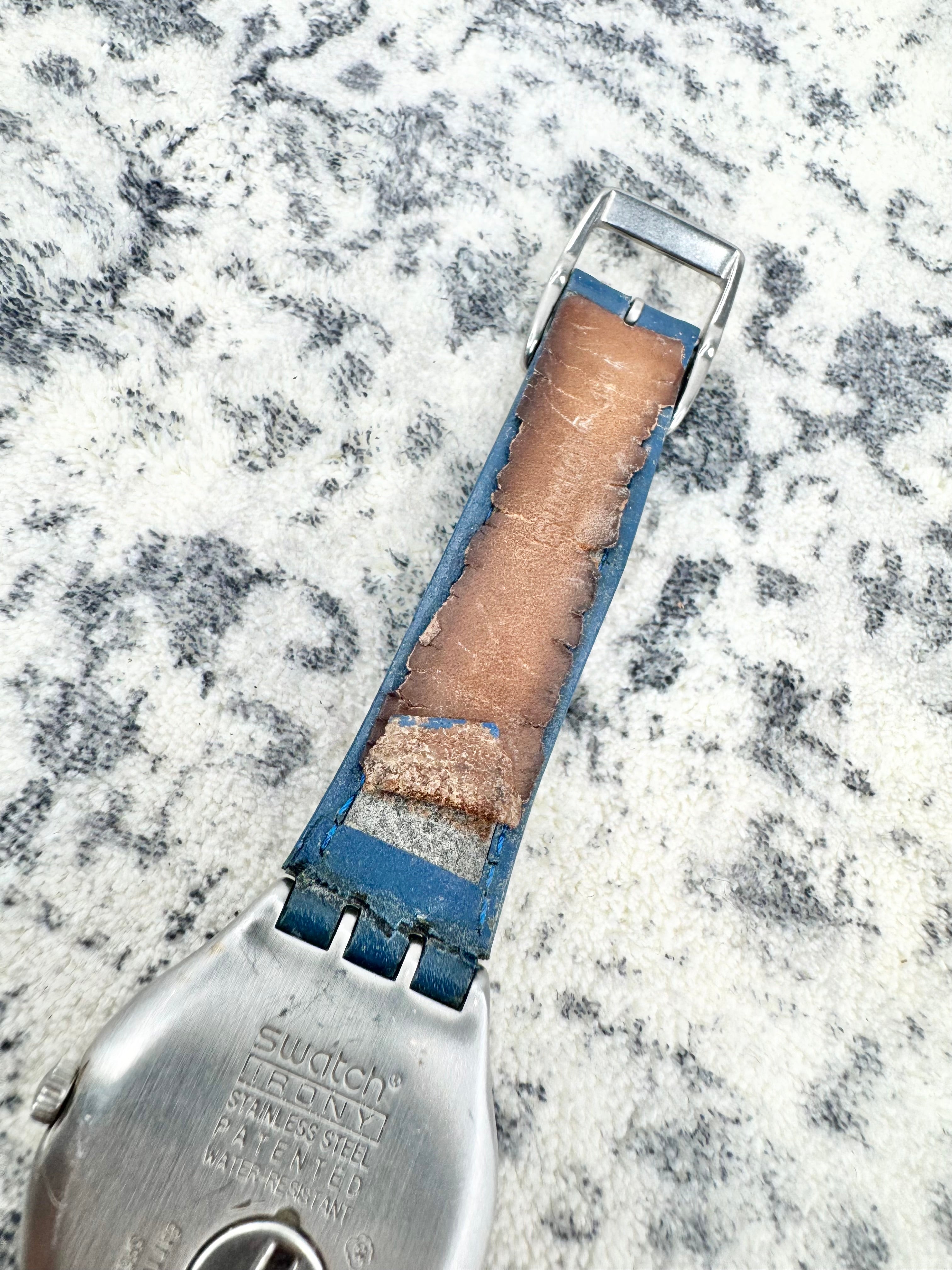 Swatch Irony Brushed Silver Aluminum and Blue Enamel Watch