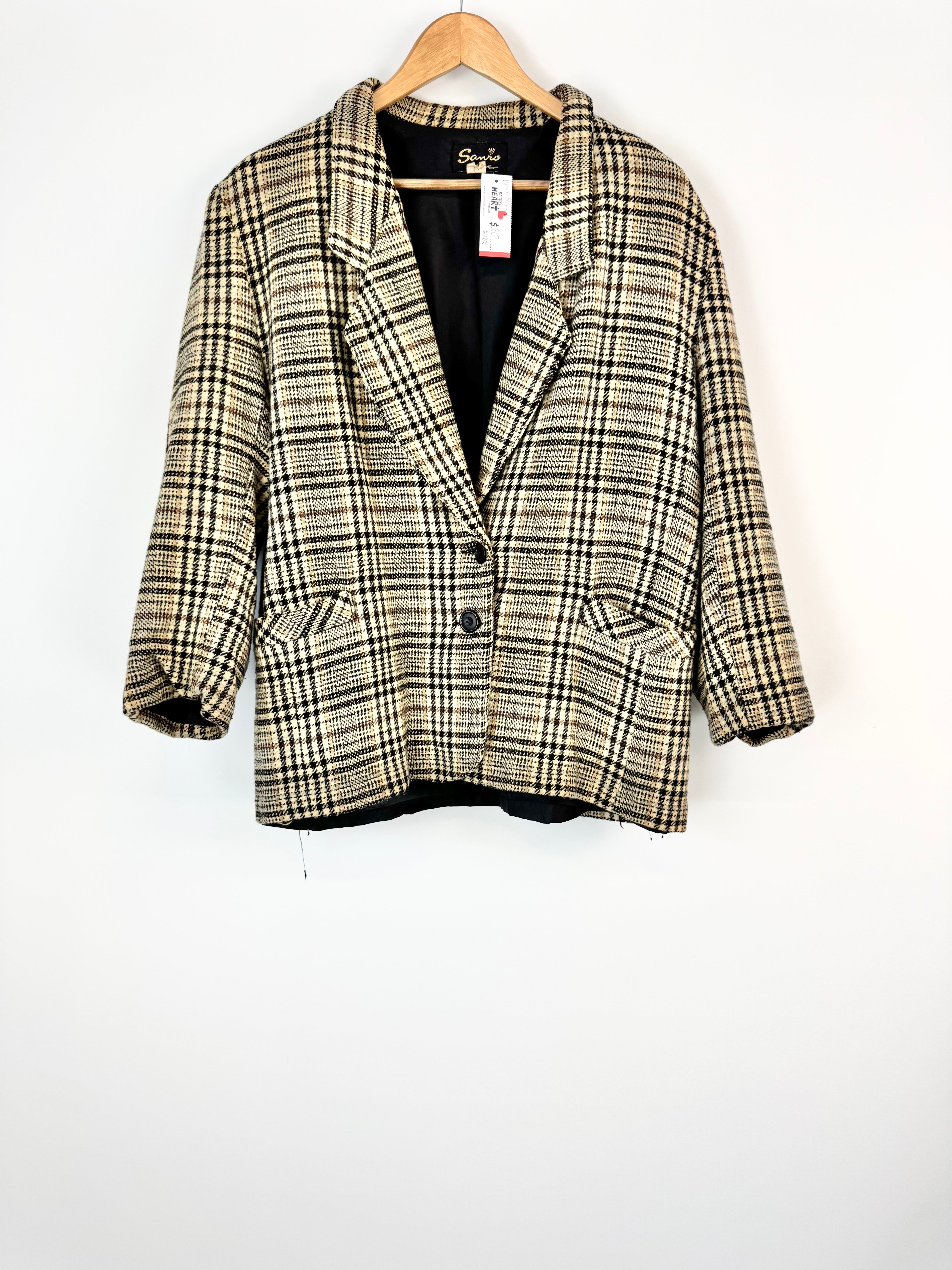 Vintage Wool Blend Cream Glen Plaid Blazer - AU16