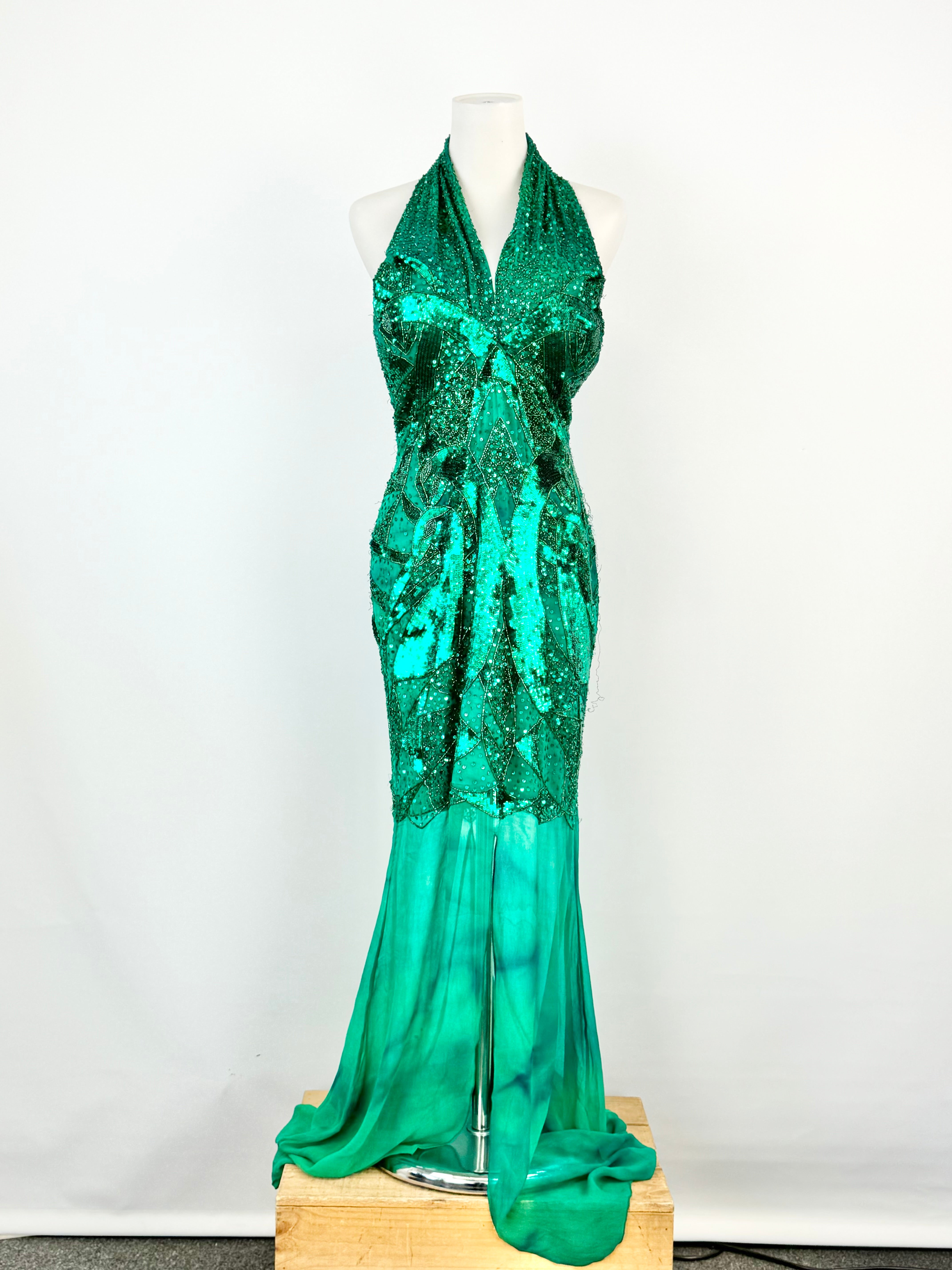 Bellucio Emerald Green Silk Sequined Maxi Dress - AU10