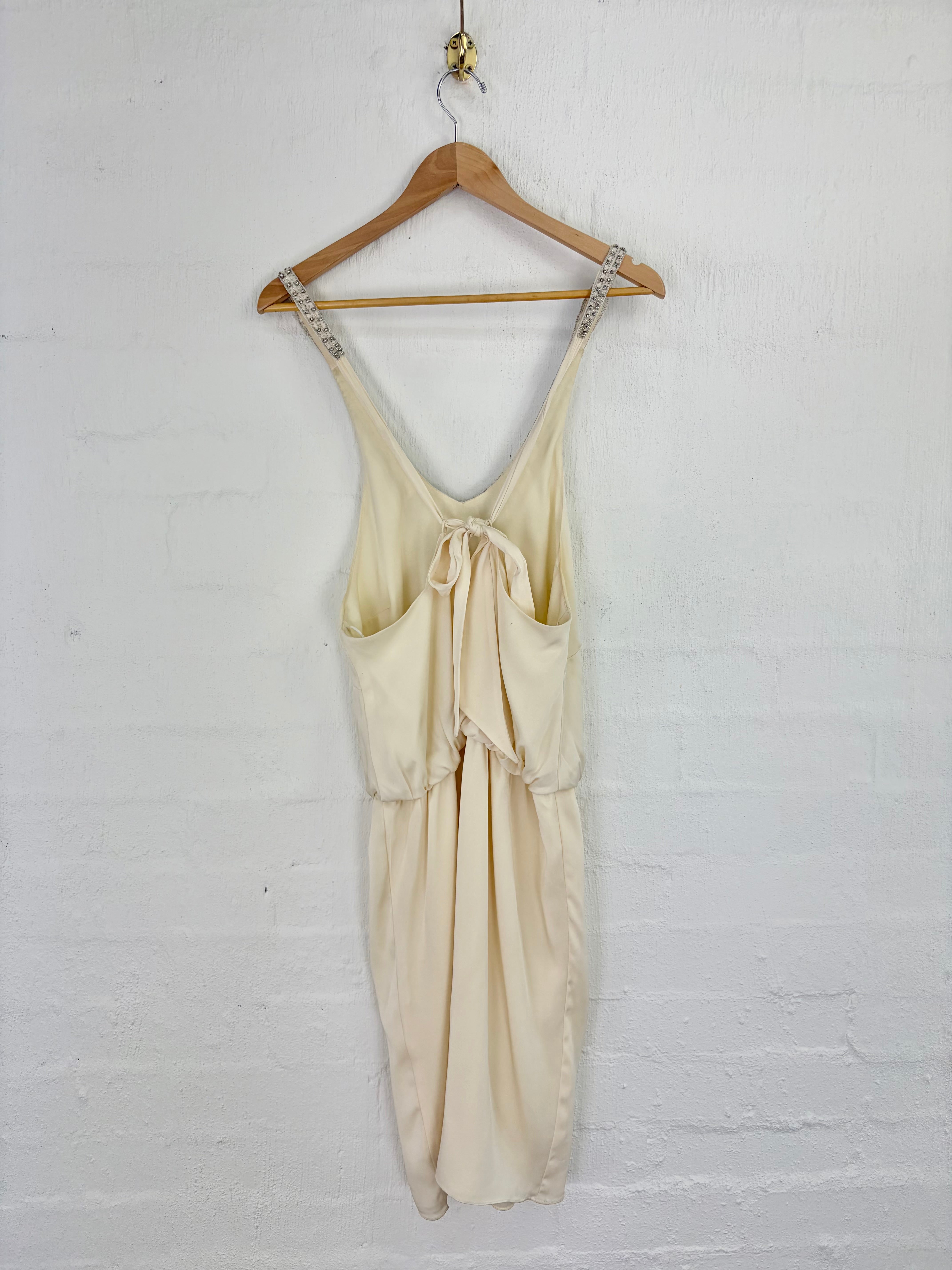 Thurley Cream Silk Cross Back Diamonte Trim Dress - AU10