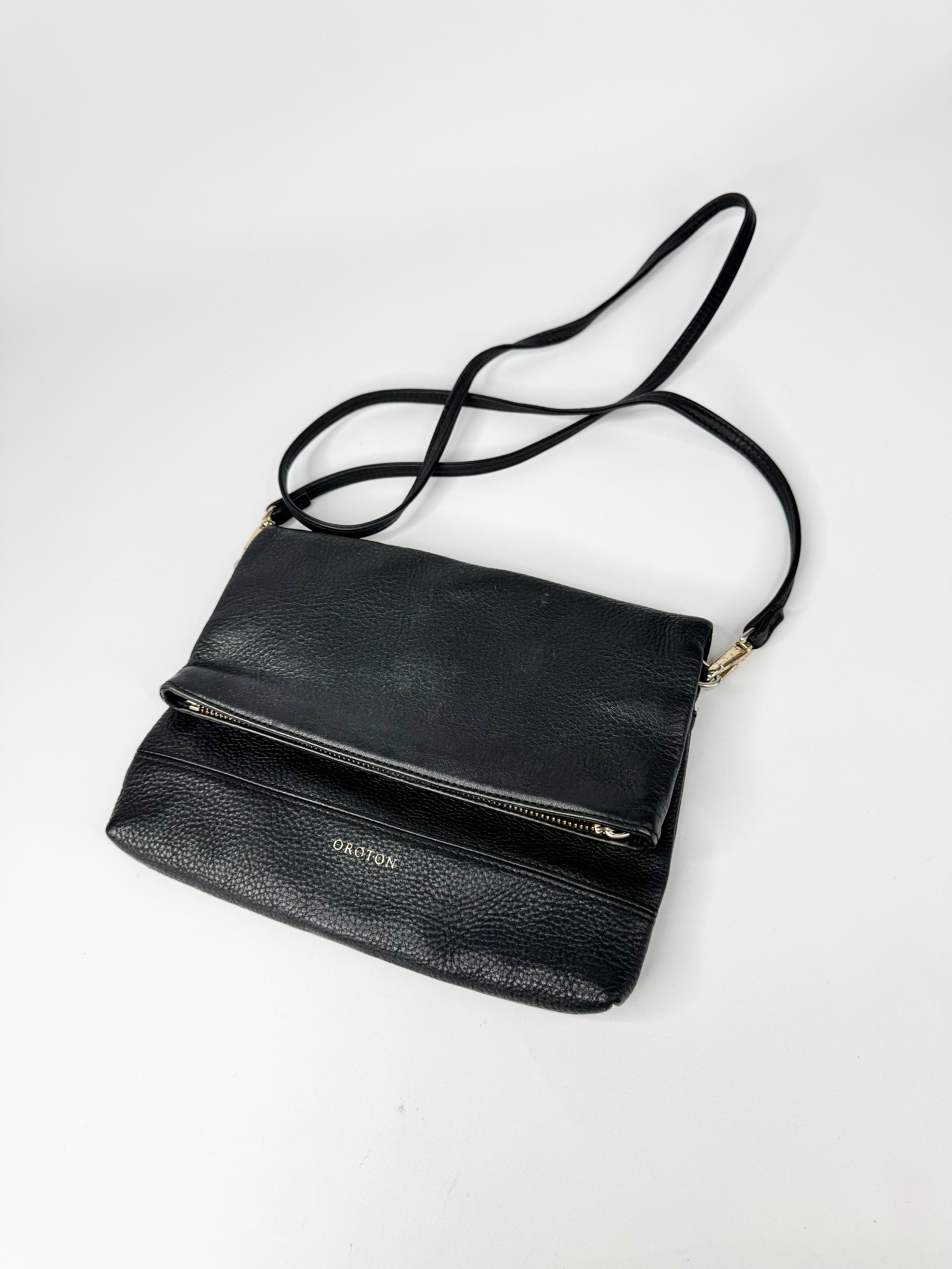 Oroton Black Leather Clutch Bag with Attachable Long Handle