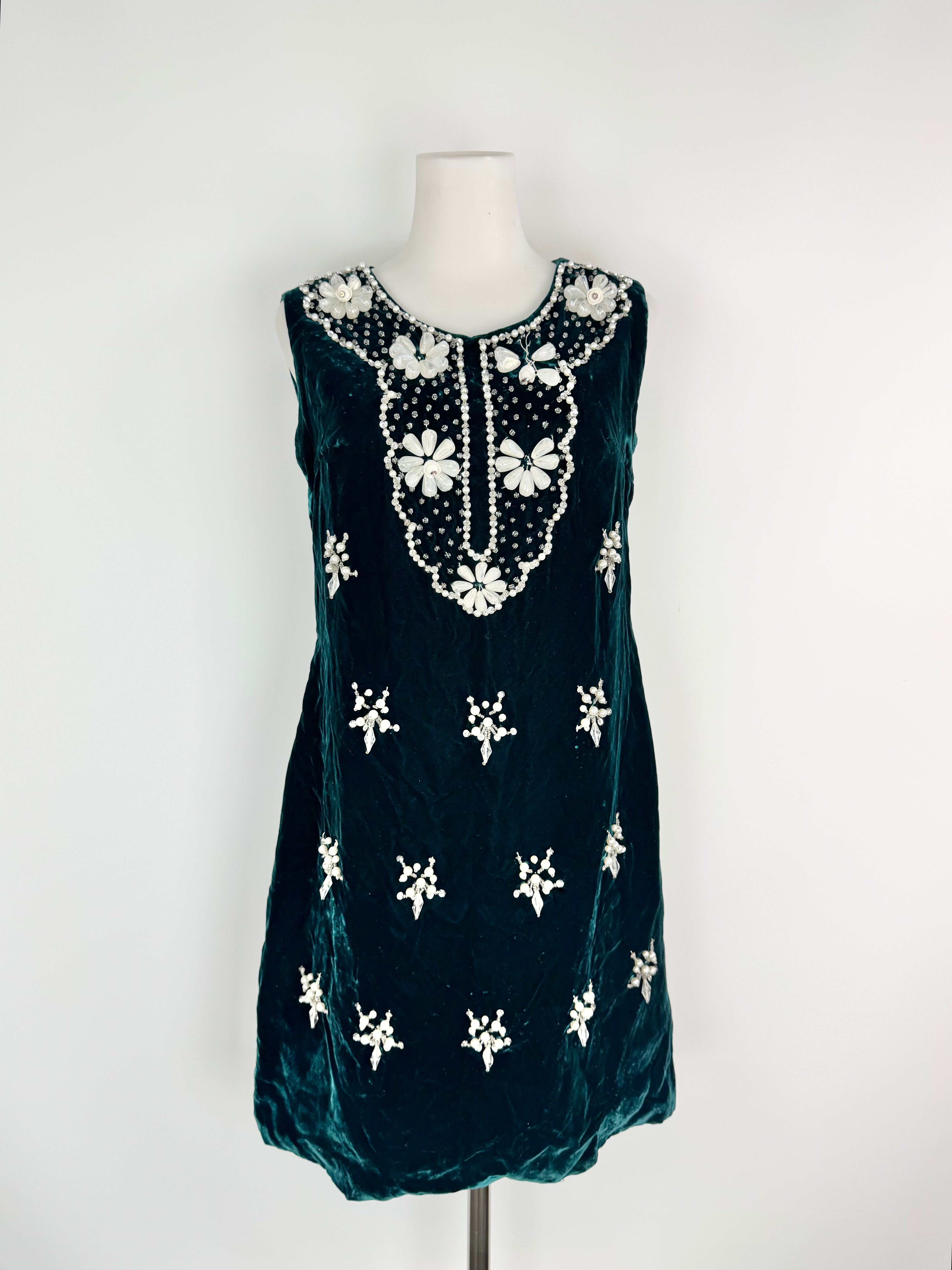Hand Made Teal Velvet Beaded A-Line Dress - AU8/10