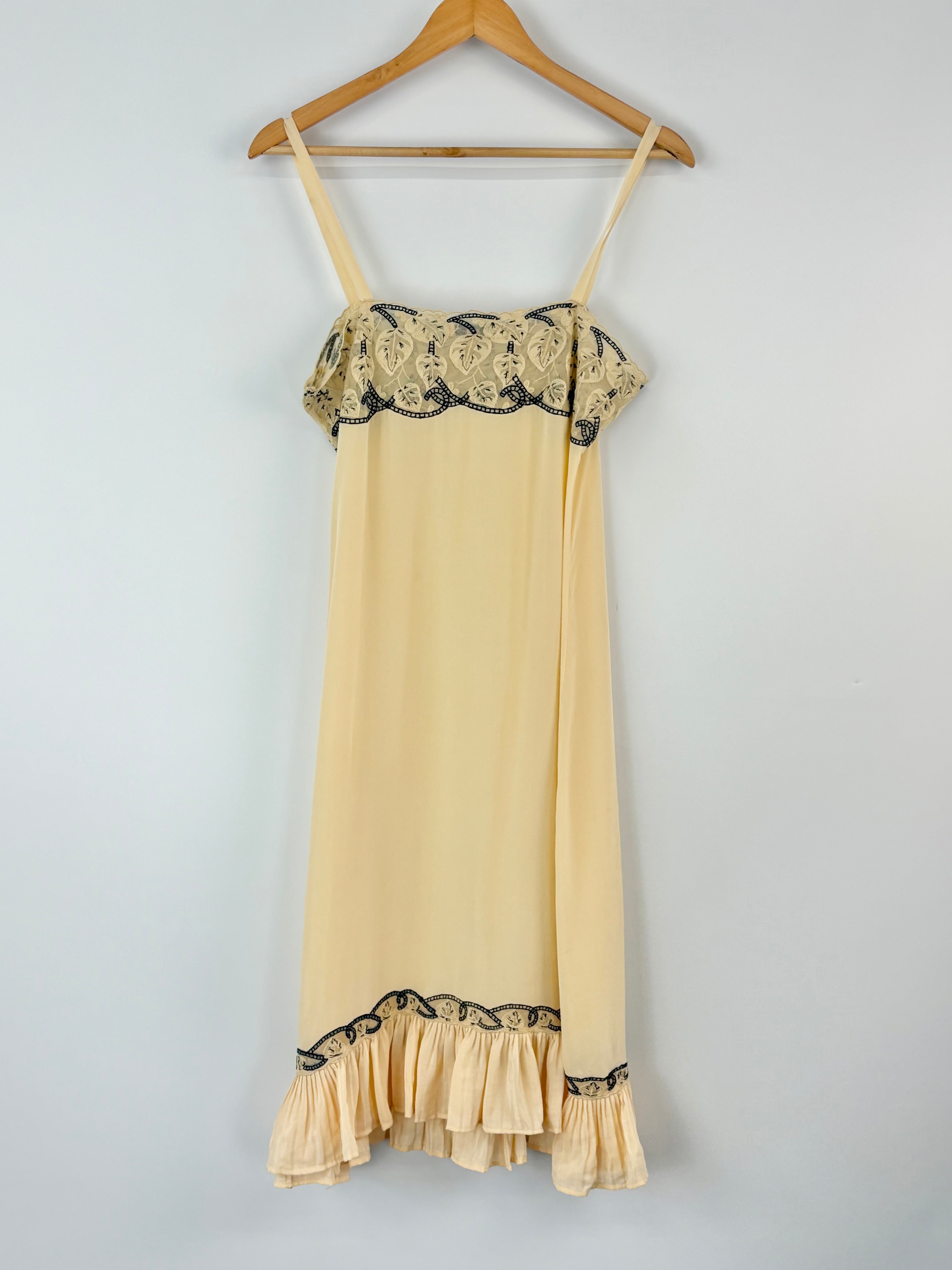 Fleur Wood Beige Silk Embroidered Lace Detail Dress - AU12