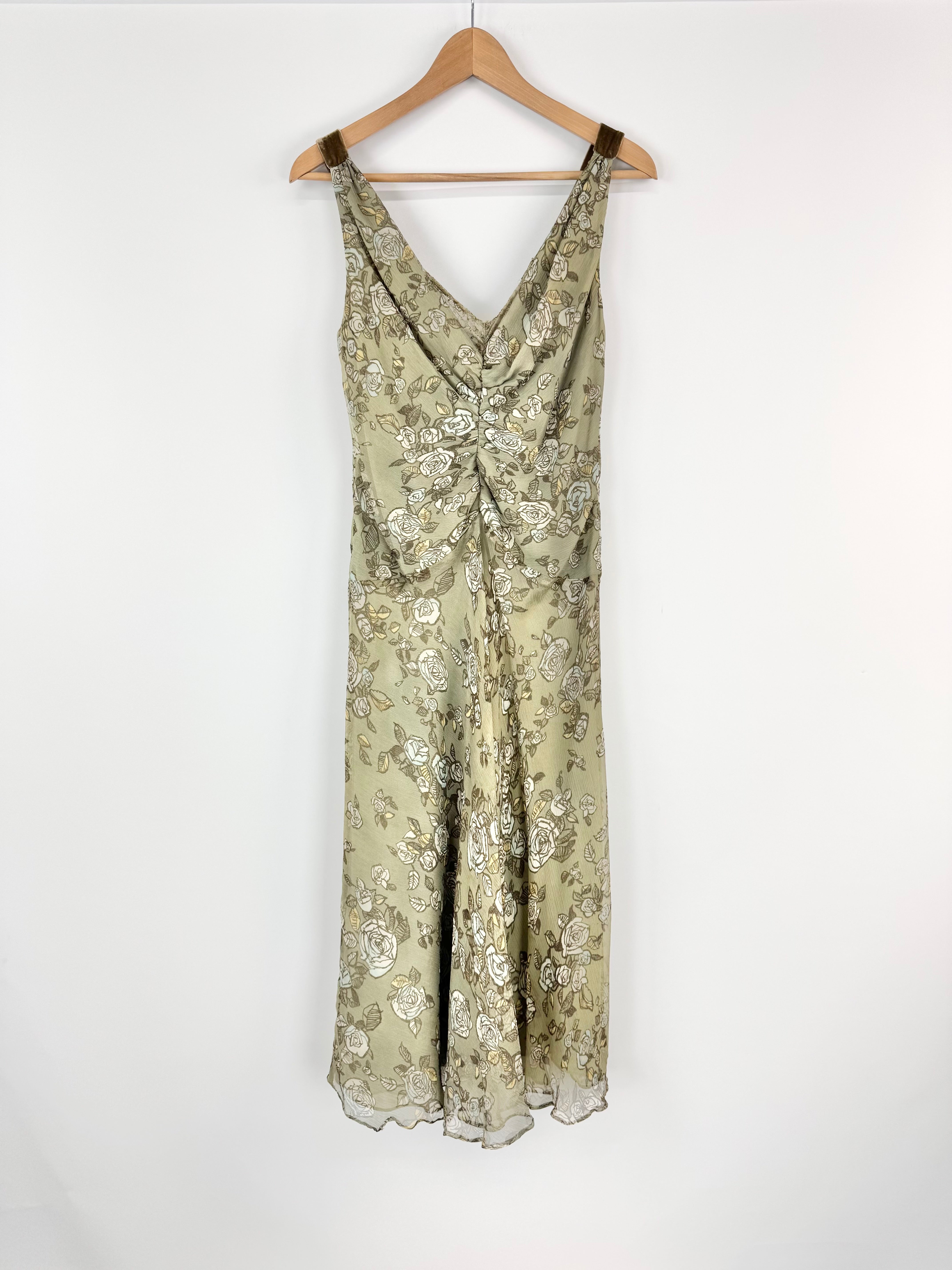 Moss & Spy Sage Green Floral 90s Style Midi Dress - AU10