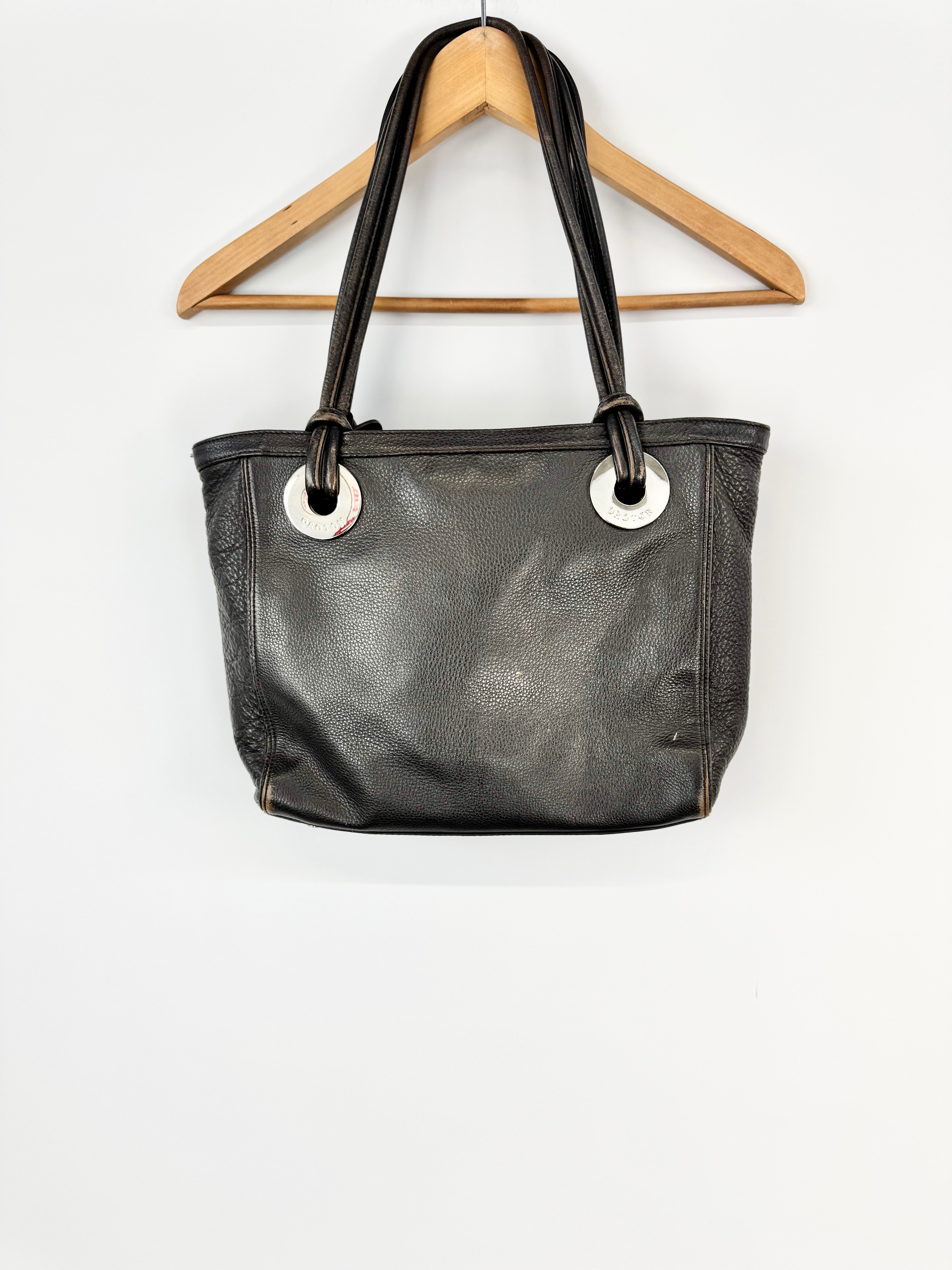 Oroton Brown Black Grained Leather Tote Bag
