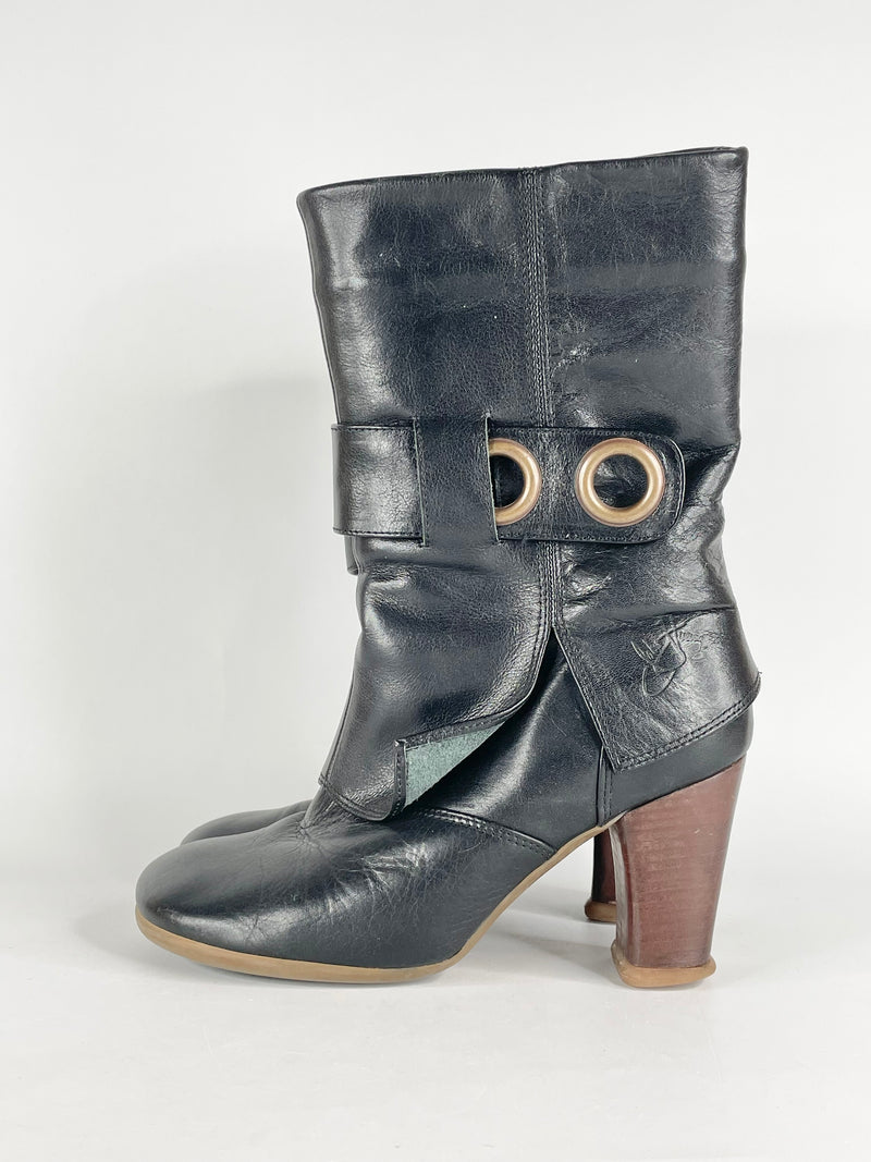 John Fluevog Black Leather Mid-Calf Boots - 8