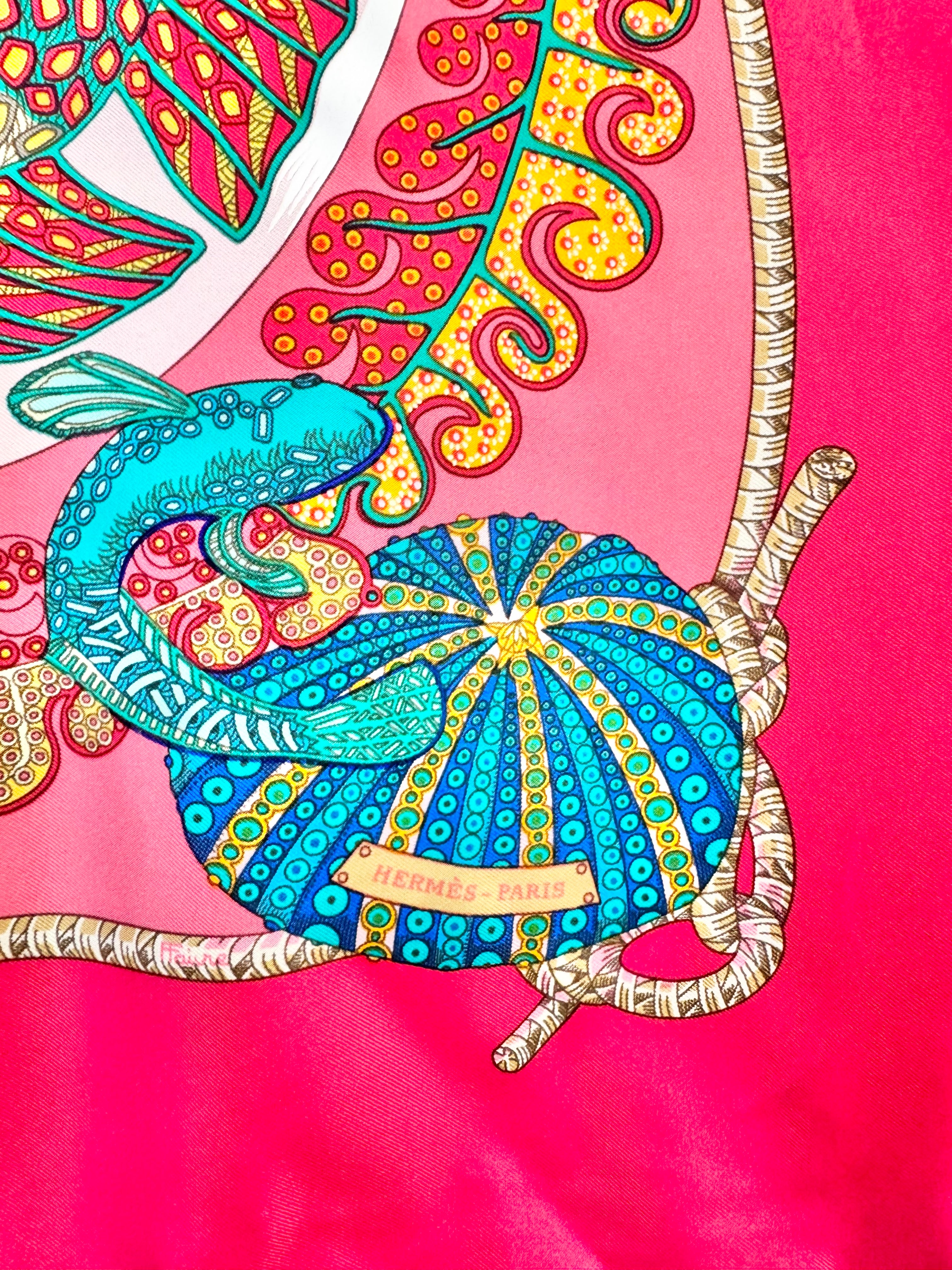 Hermès Cerise Pink Accordian Fish Silk Scarf