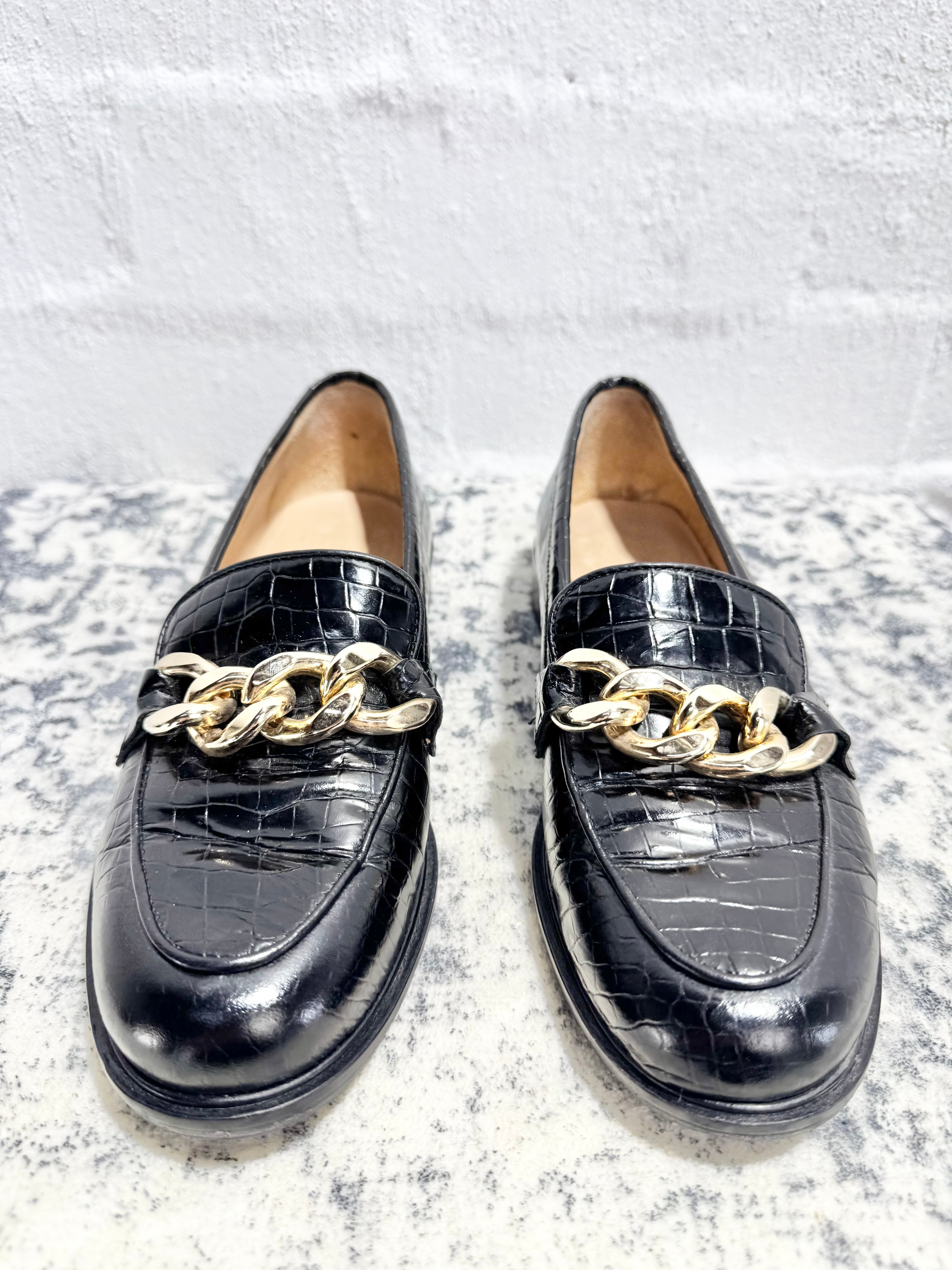 Husk Black Croc Embossed Gold Chain Loafers - EU37