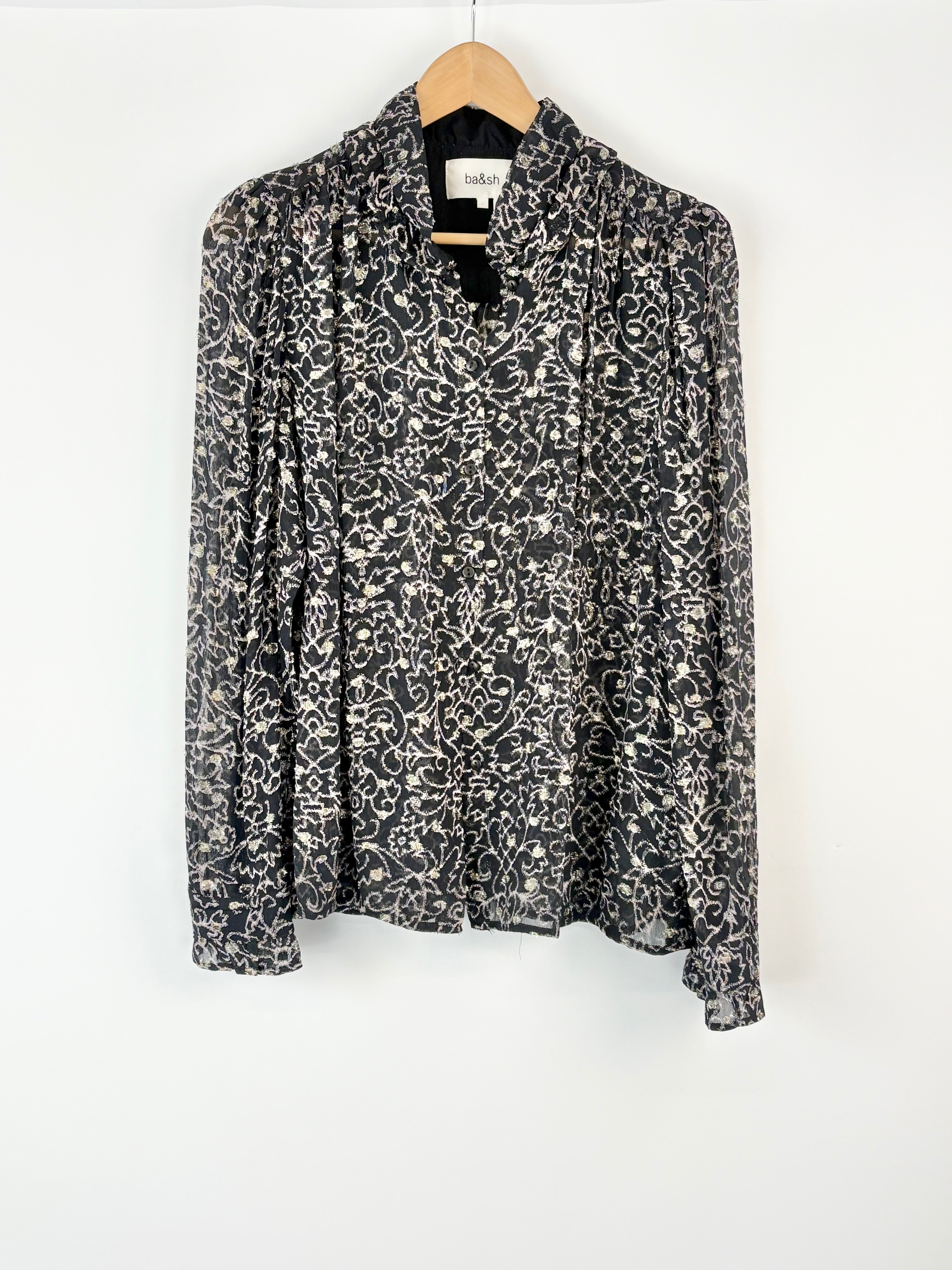 Ba&sh Sheer Black & Shimmering Gold Long-Sleeve Top - AU12