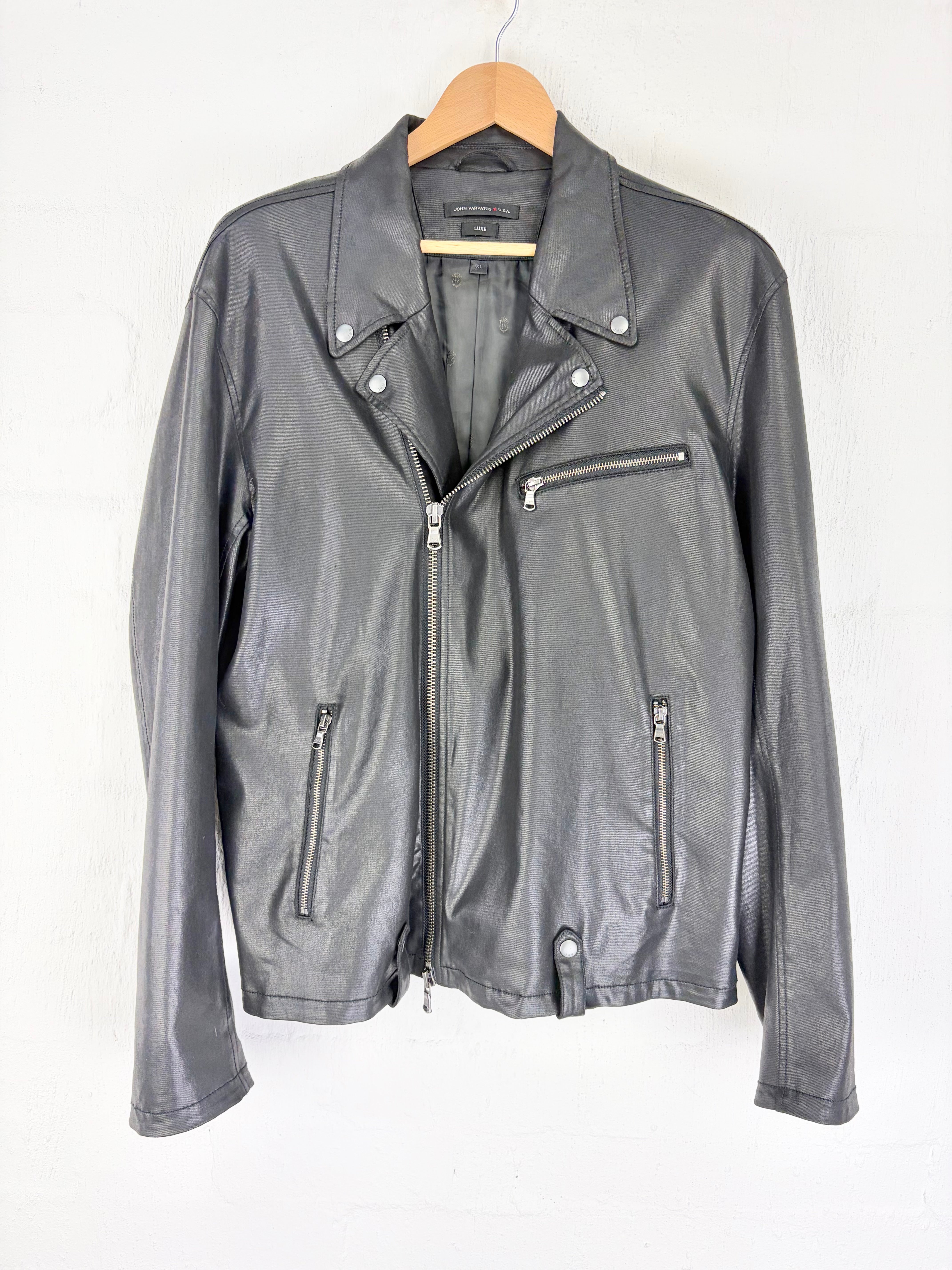 John Varatos Black Modal Coated Biker Style Jacket - L