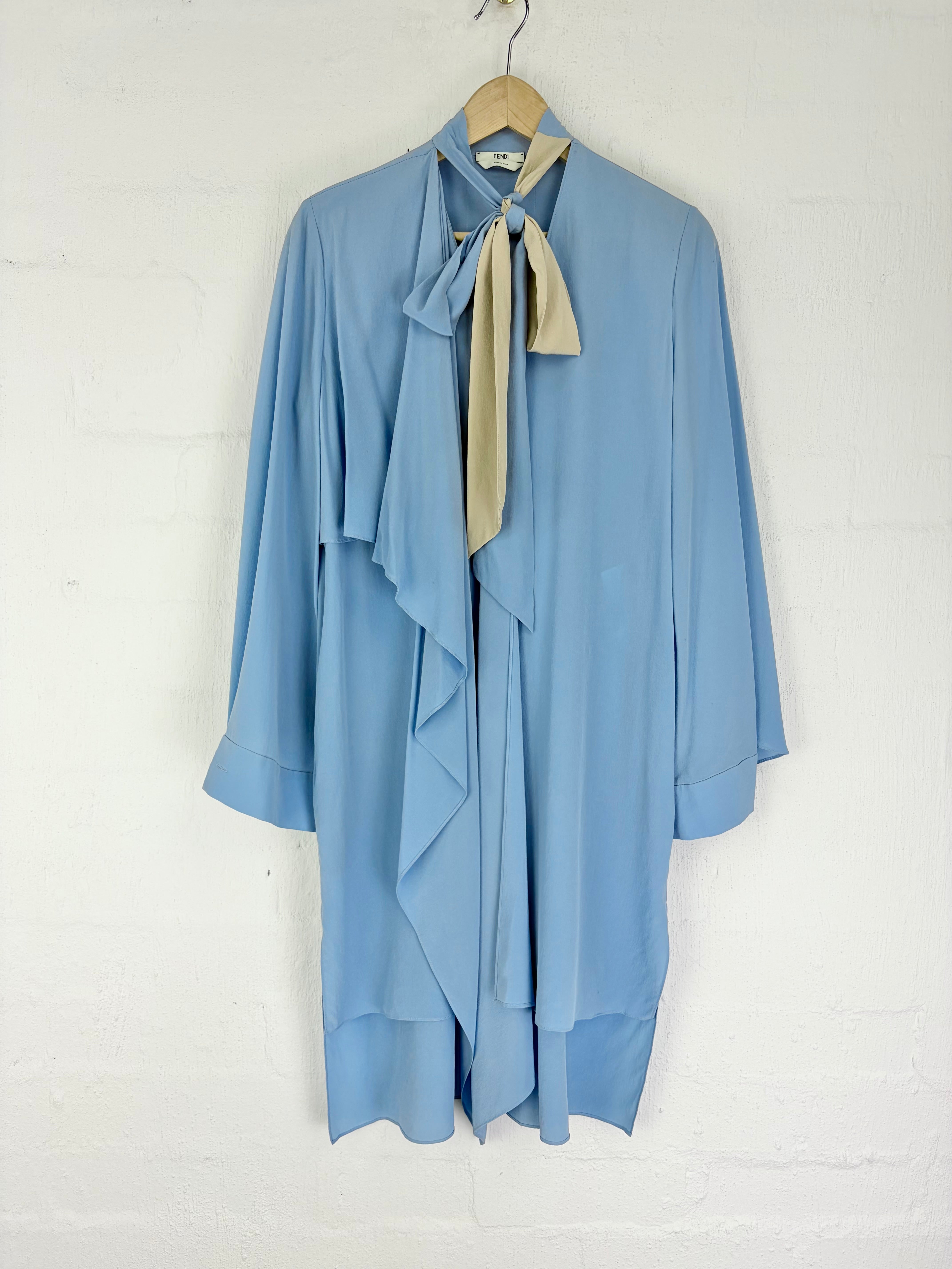 Fendi Sky Blue & Cream Silk Layered Pussy Bow Dress - AU6/8