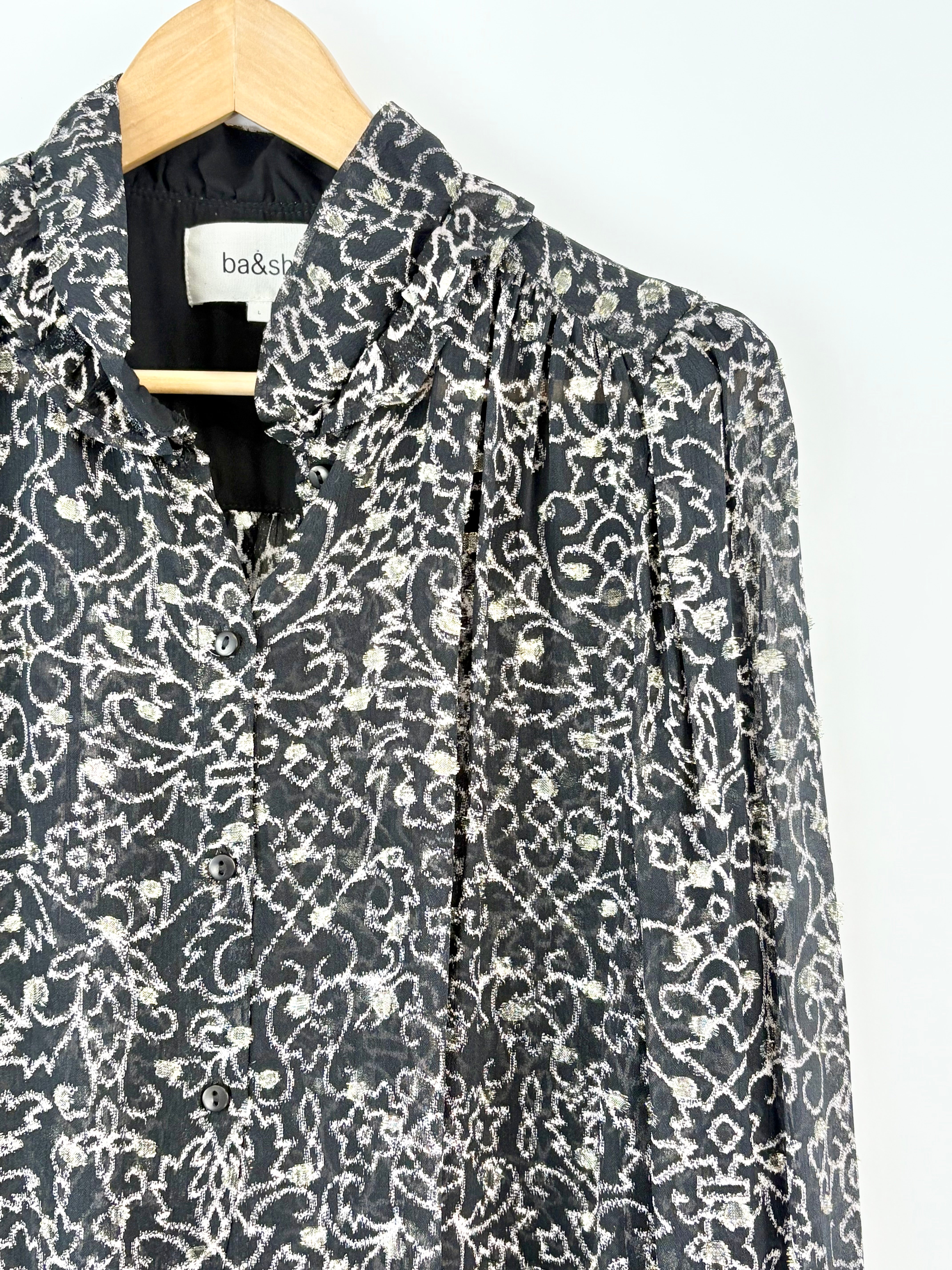 Ba&sh Sheer Black & Shimmering Gold Long-Sleeve Top - AU12