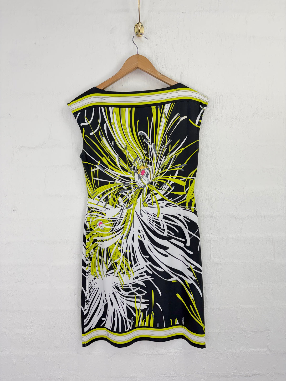 2000s Emilio Pucci Black, Lime Gren, White & Pink Floral Patterned Silk Jersey Dress - AU8/10
