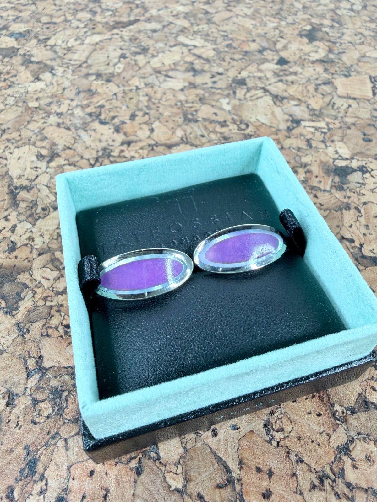Tateossian Silver & Purple Mother of Pearl Bordered Cufflinks