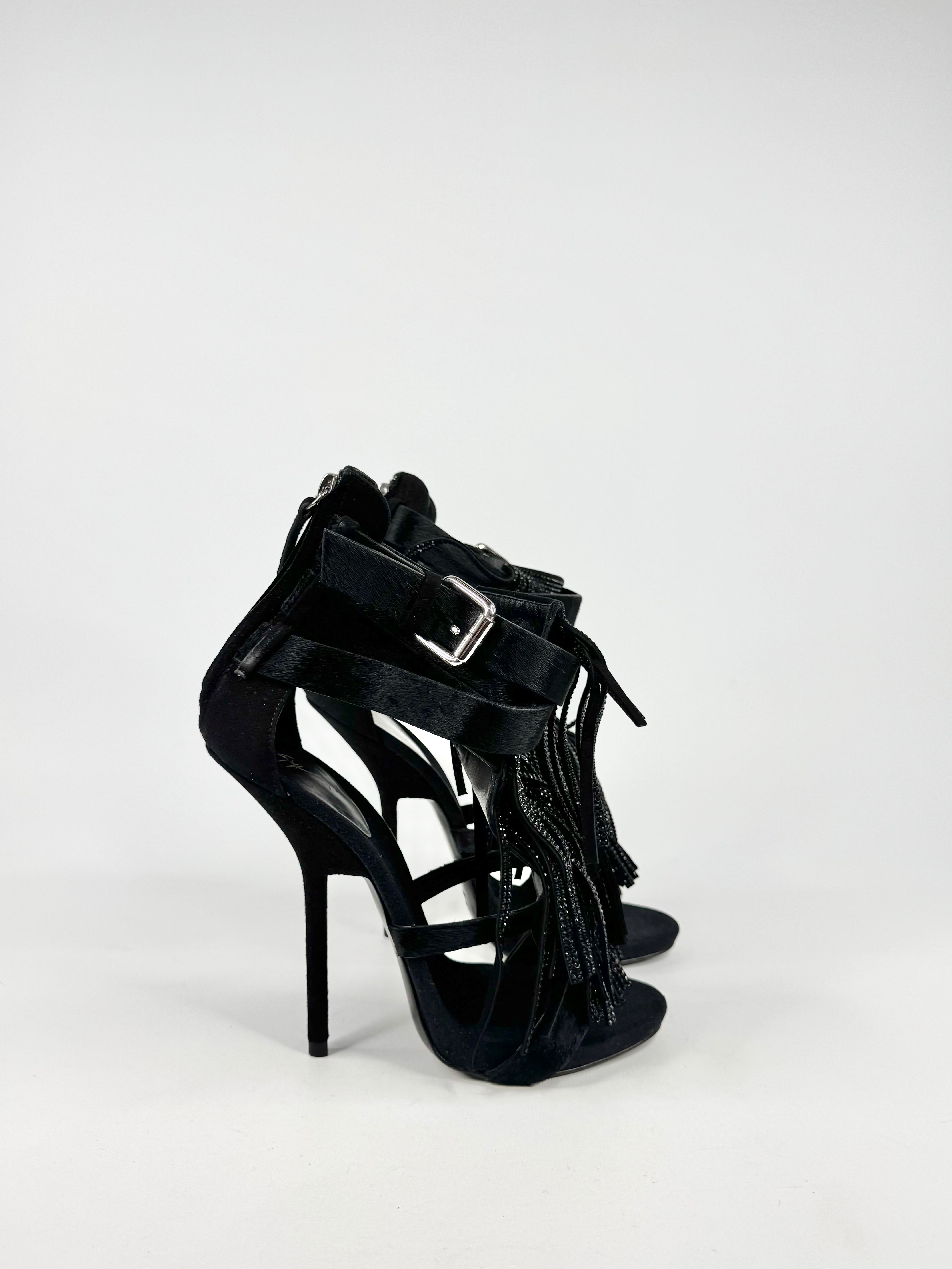 Giuseppe Zanotti Black Swarovski Embellished Fringed Leather Stilettos - EU39
