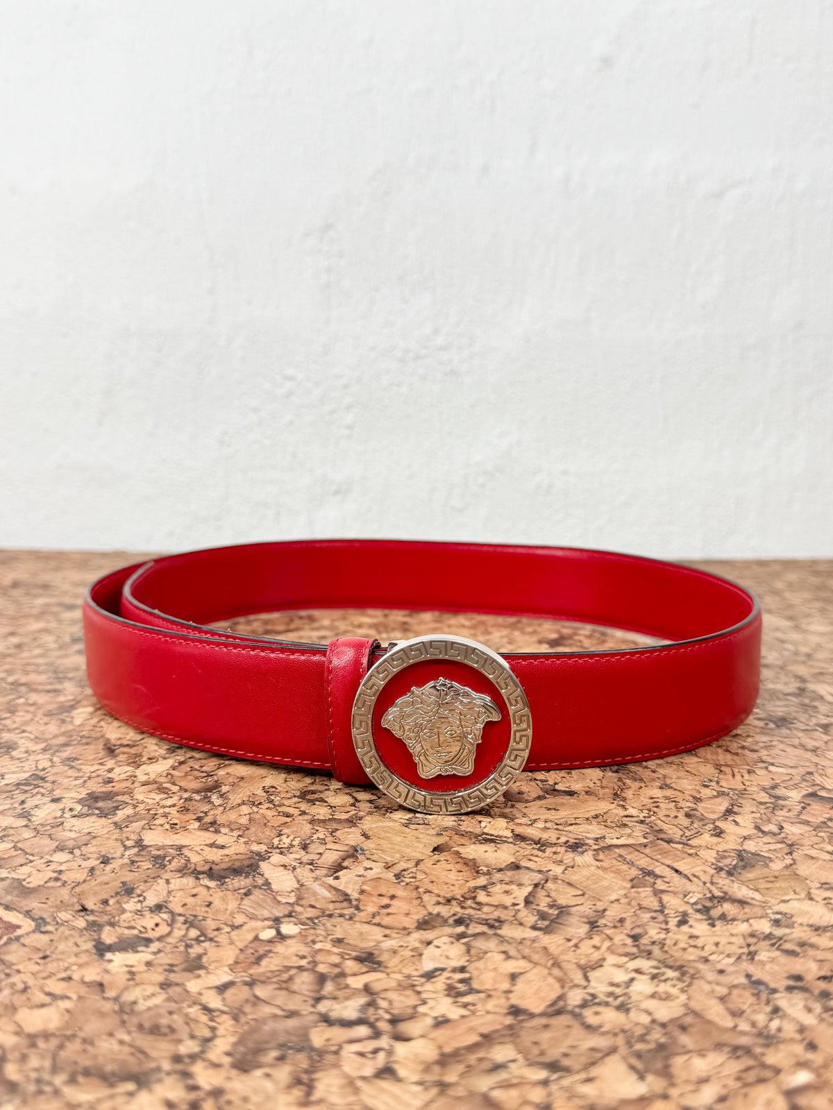 Vintage Versace Medusa & Greek Key Cherry Red Leather Belt