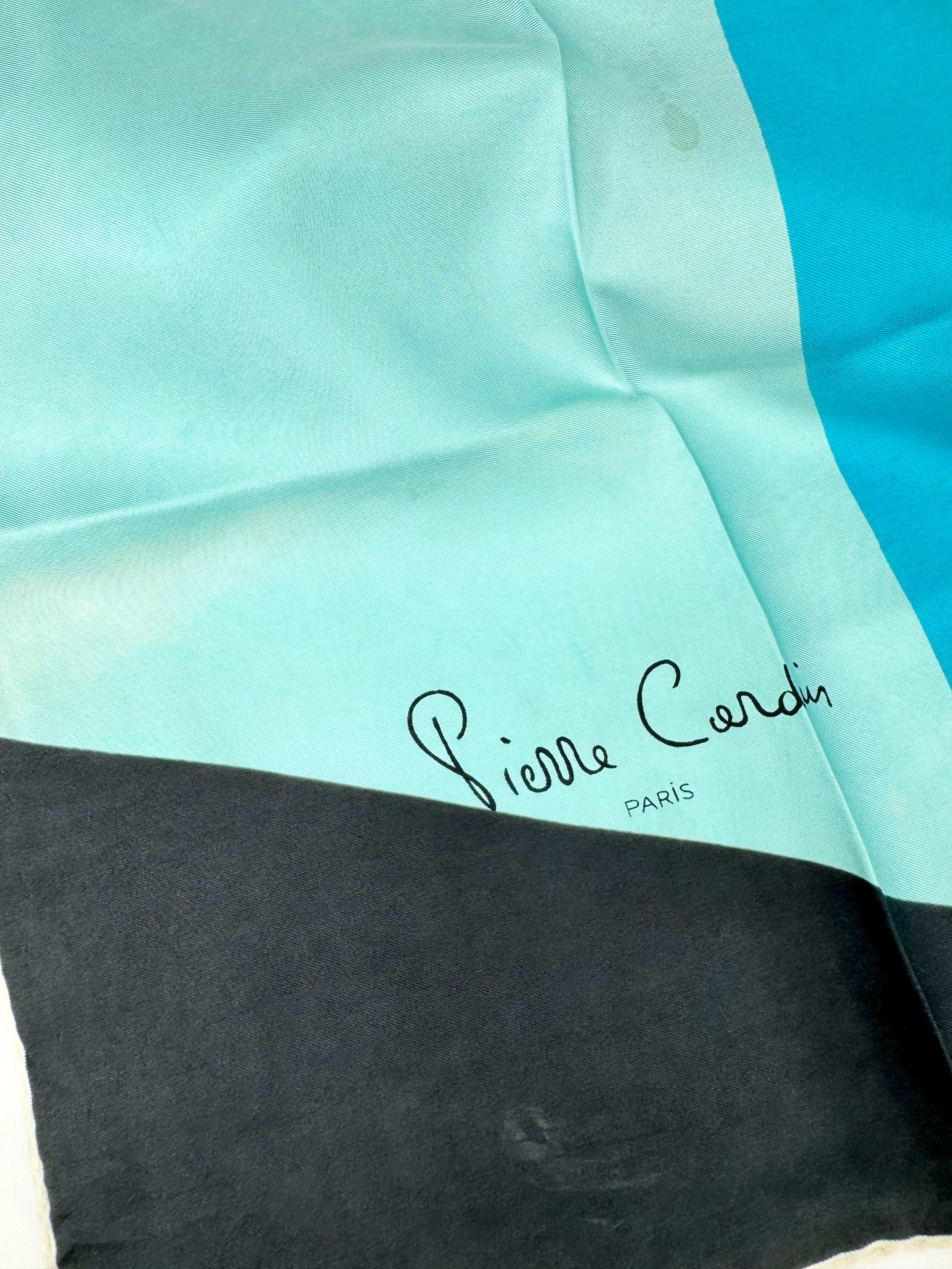 Vintage Pierre Cardin Blue Abstract Pattern Hand-Rolled Silk Scarf