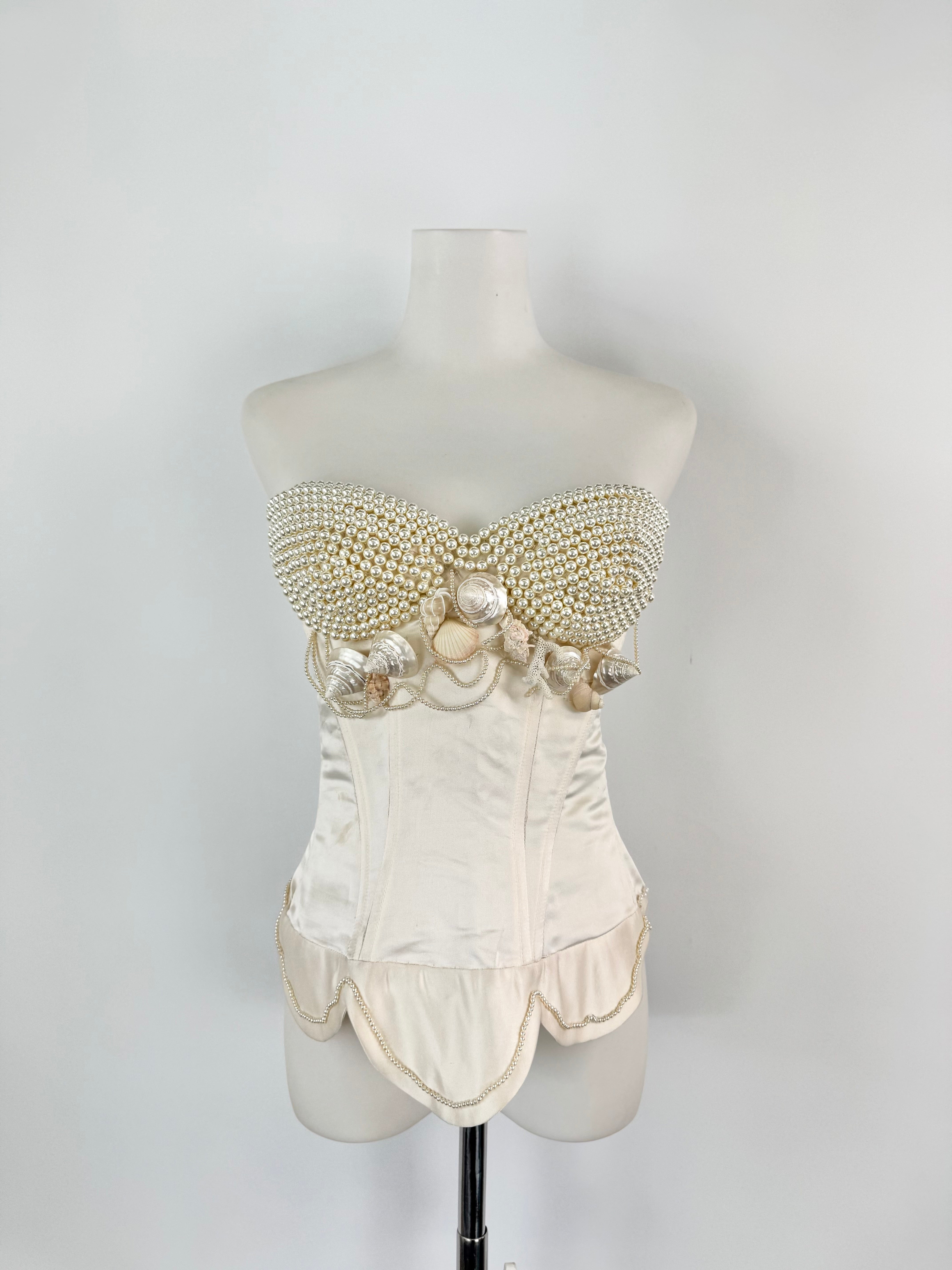 Cream Satin Hand Embellished Pearl & Shell Corset - AU8/10