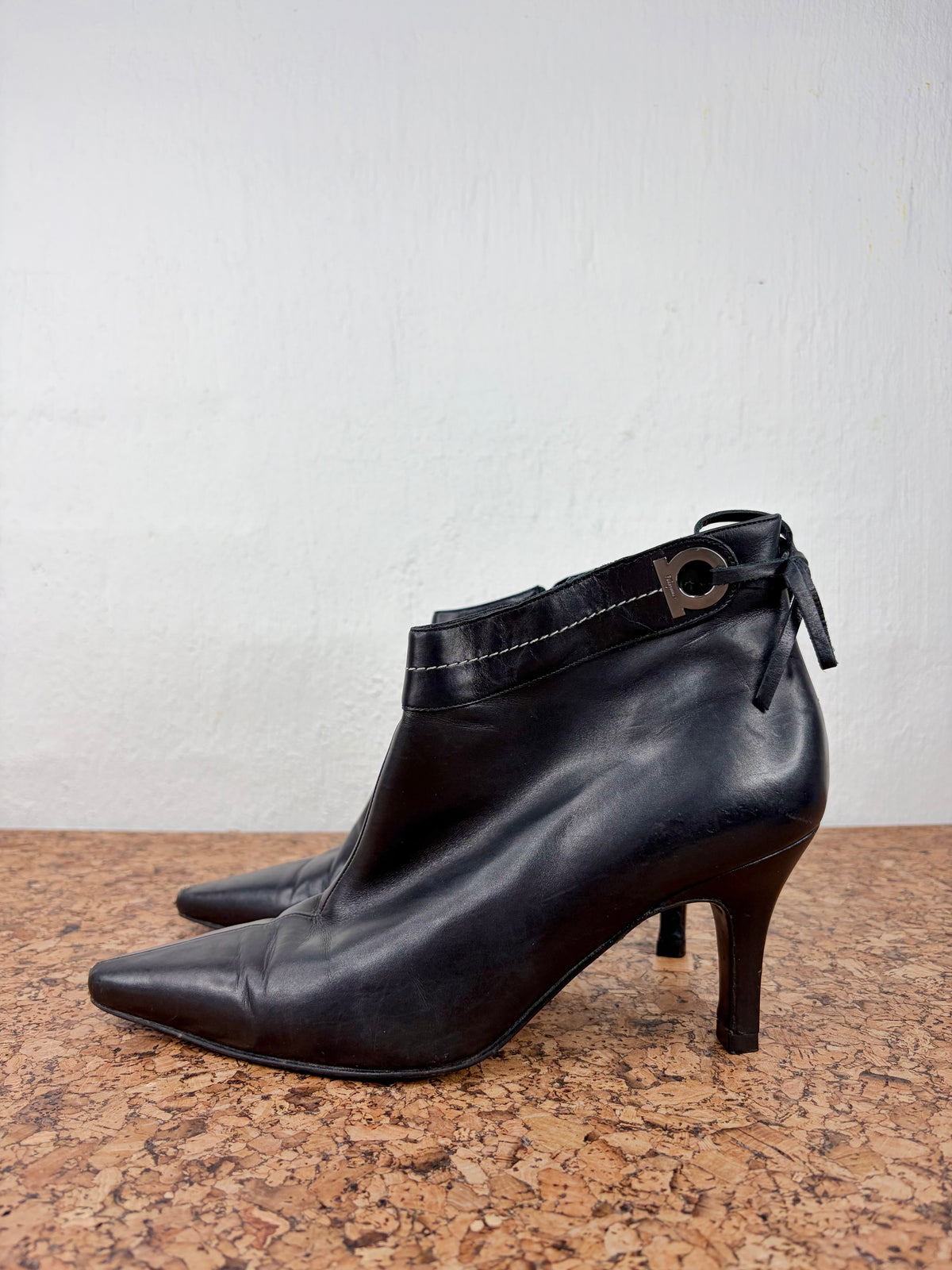 Salvatore Ferragamo Smooth Black Leather Pointed Toe Ankle Boots - EU40