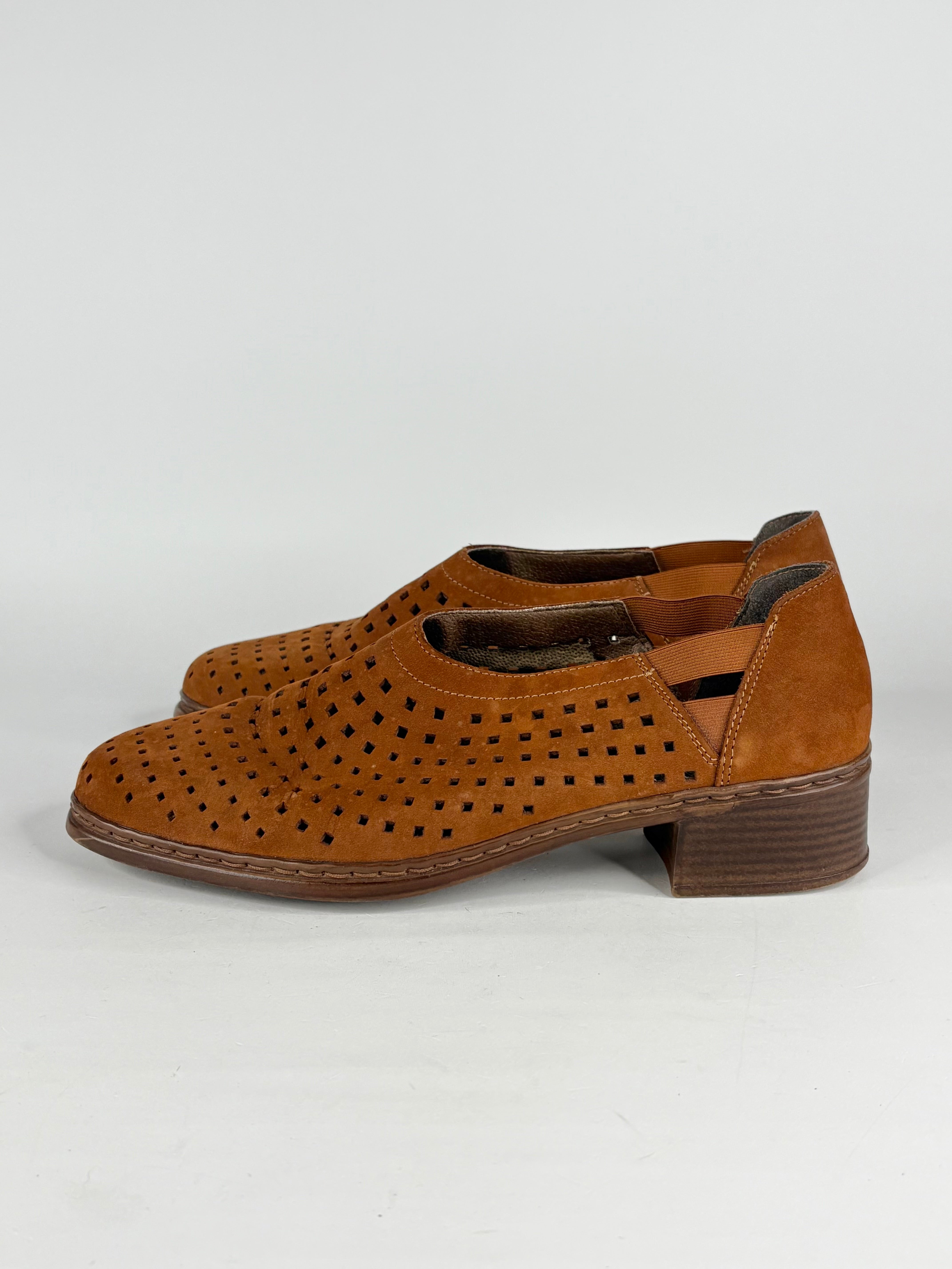 Rieker Tan Leather Perforated Slip Ons - EU42