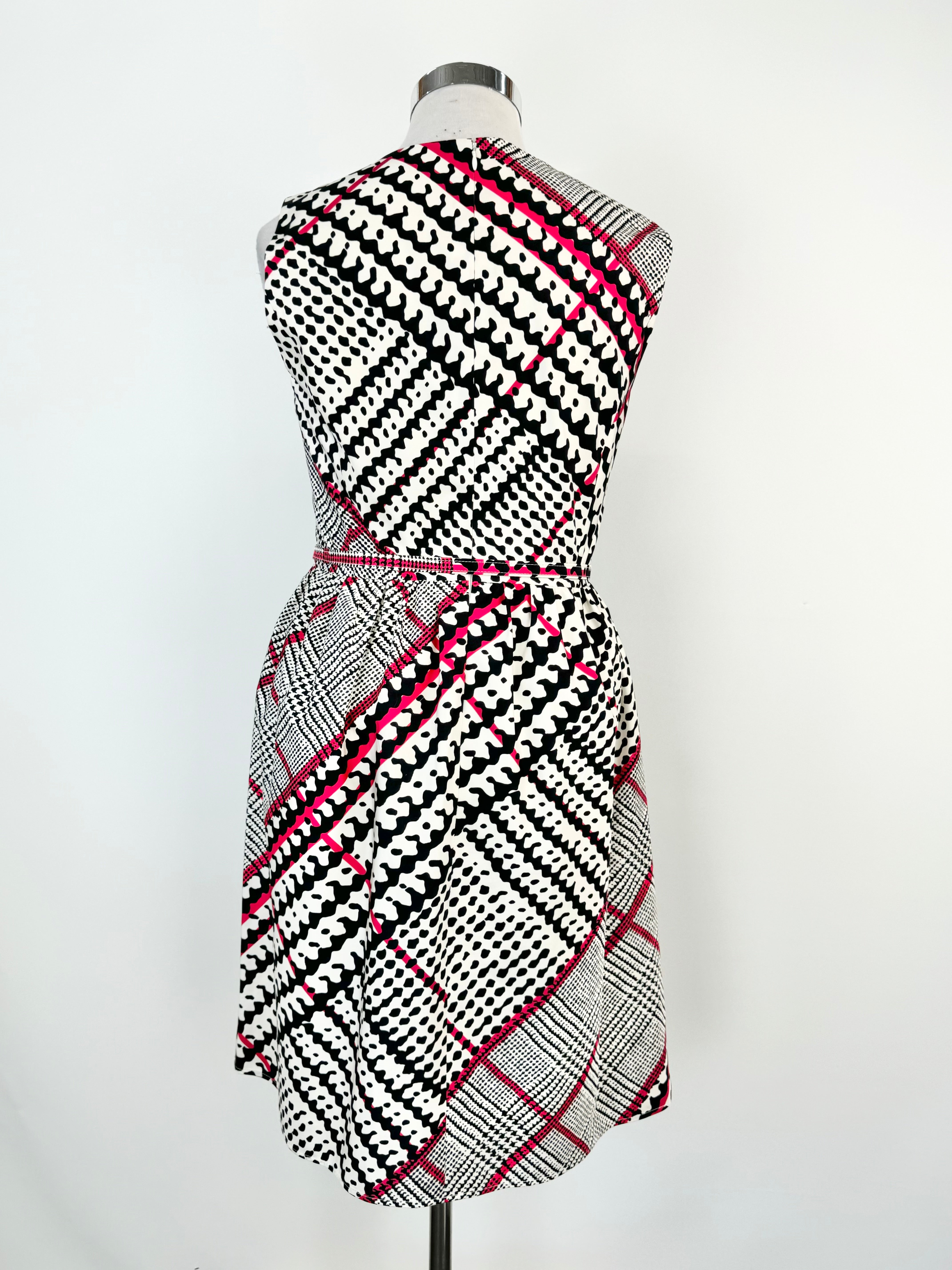 Oscar de la Renta White, Blue & Hot Pink Silk Midi Dress - AU12