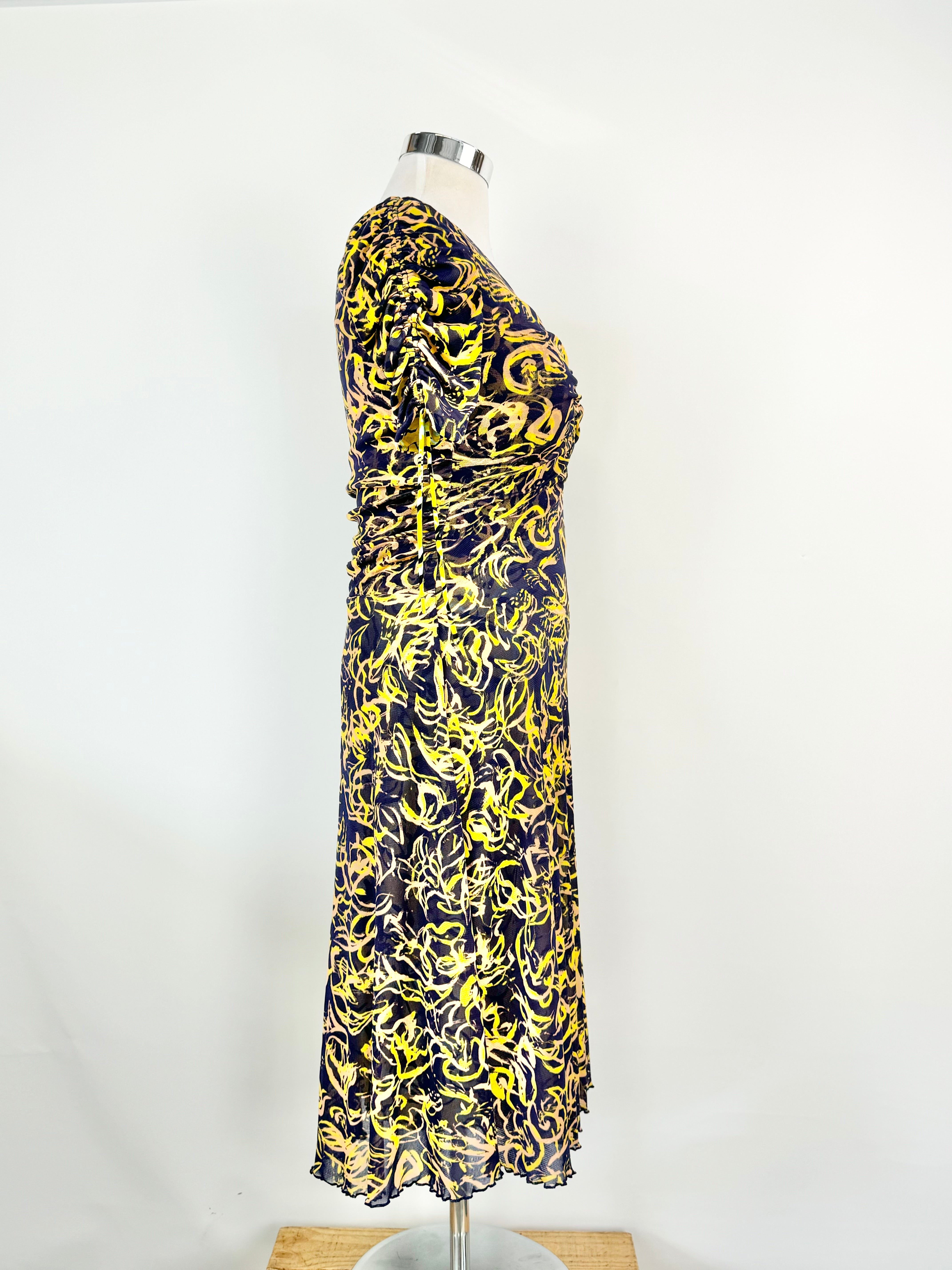 DVF 'In Charge' Yellow Patterned Ruched Dress - AU10/12