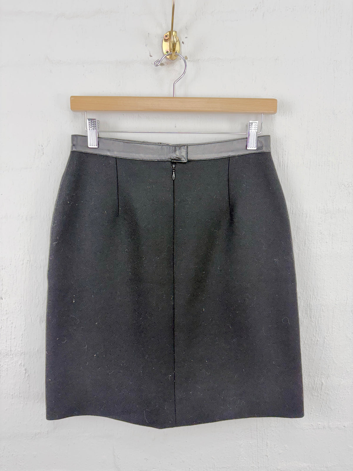 Longchamp Black Wool & Leather Belted Pencil Skirt - AU8/10