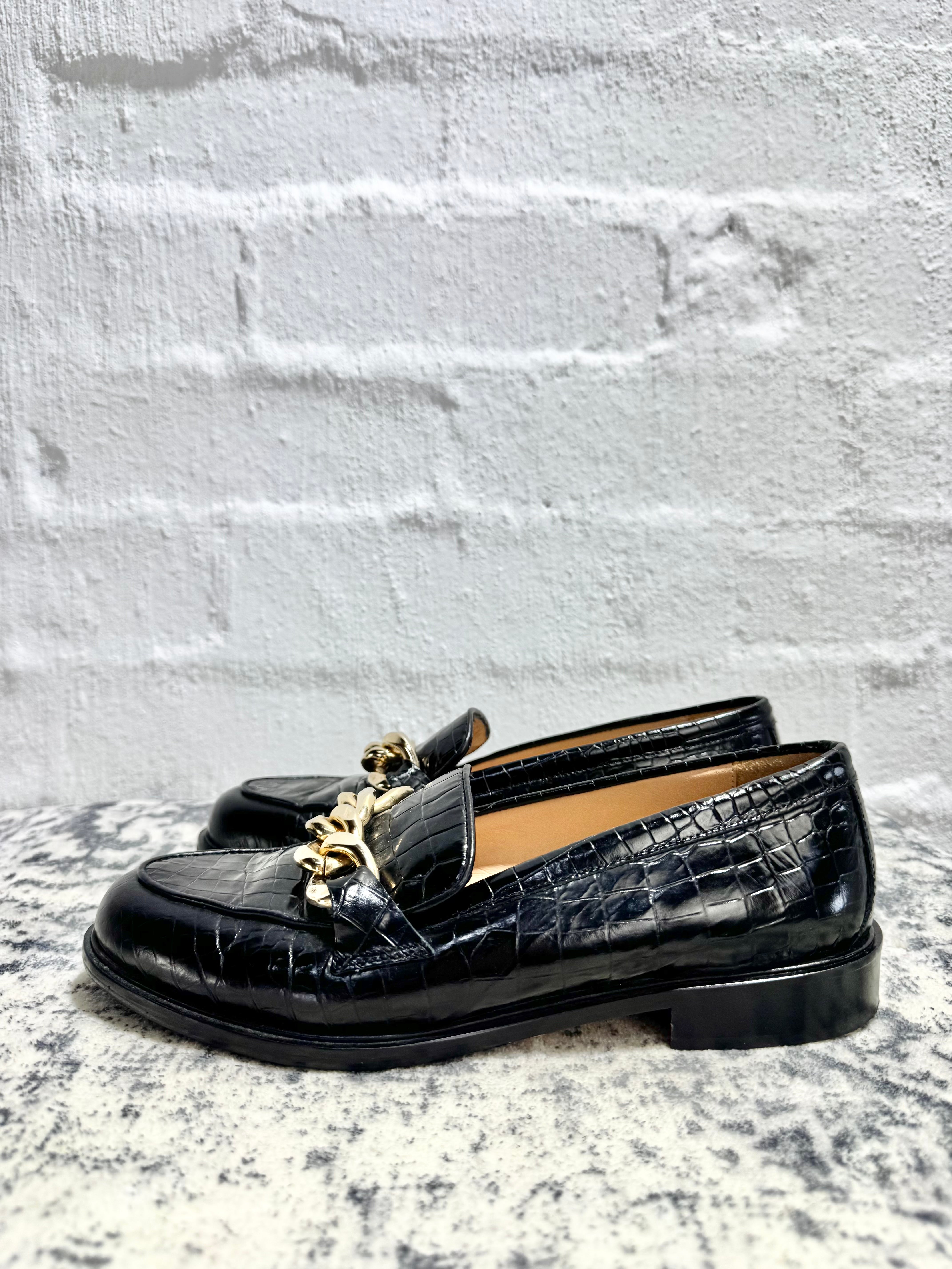 Husk Black Croc Embossed Gold Chain Loafers - EU37