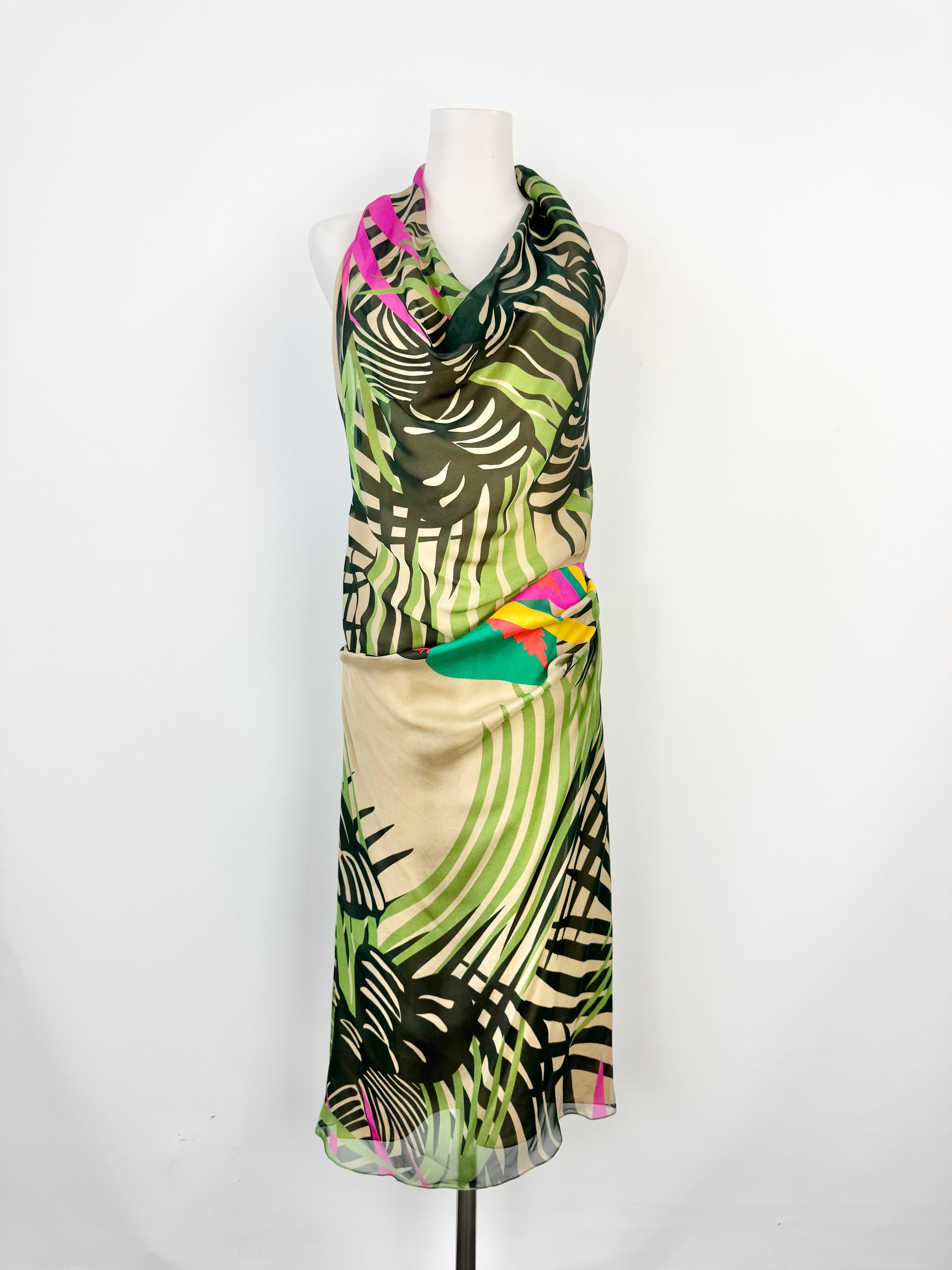 Alberta Ferreti Palm Patterned Silk Halter Neck Dress - AU12