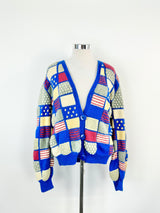 Vintage 70s Blue, Grey & Pink 3D Knitted Cardigan - AU12