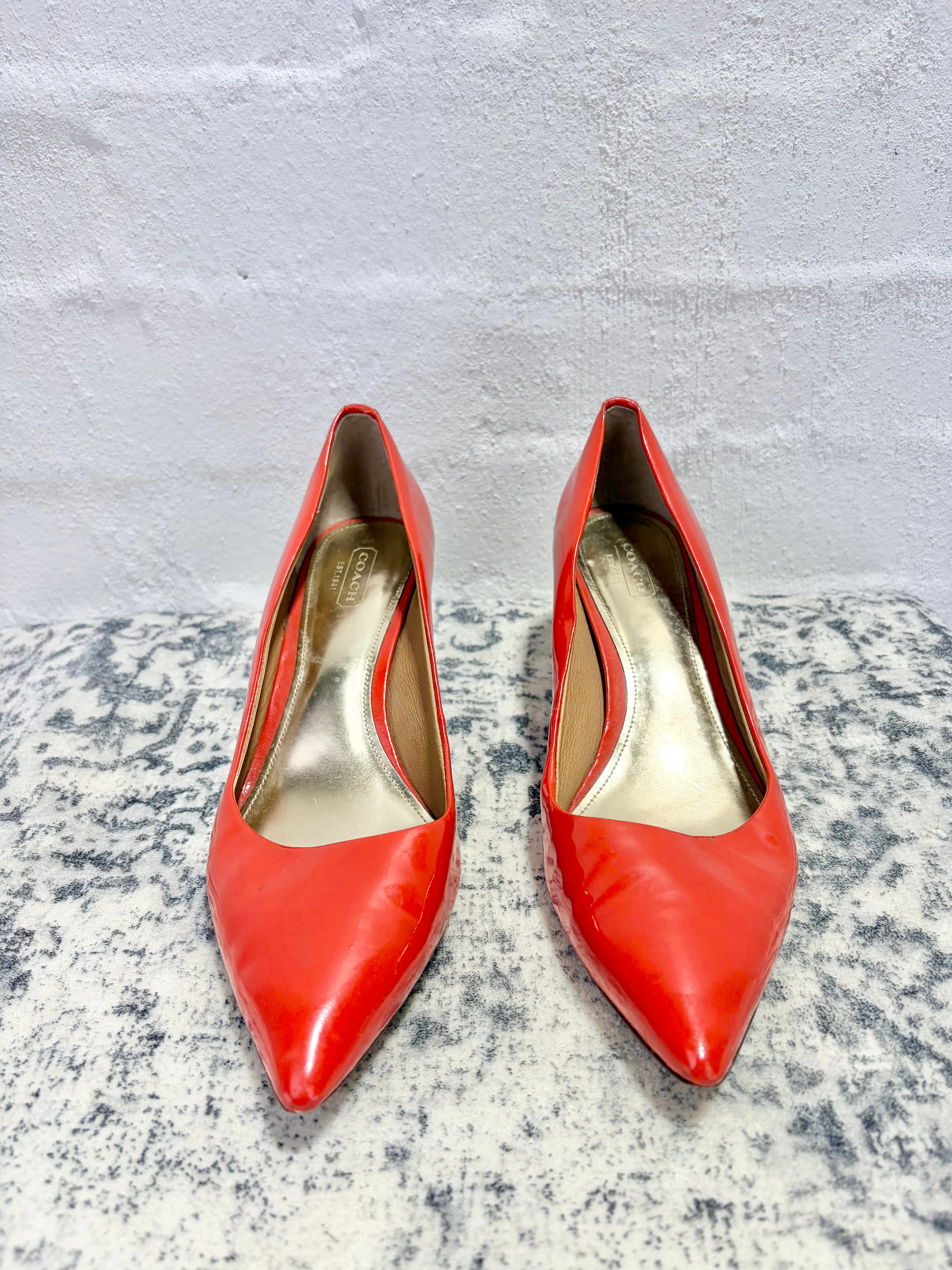 Coach Red Orange Patent Pointed Kitten Heel - EU40