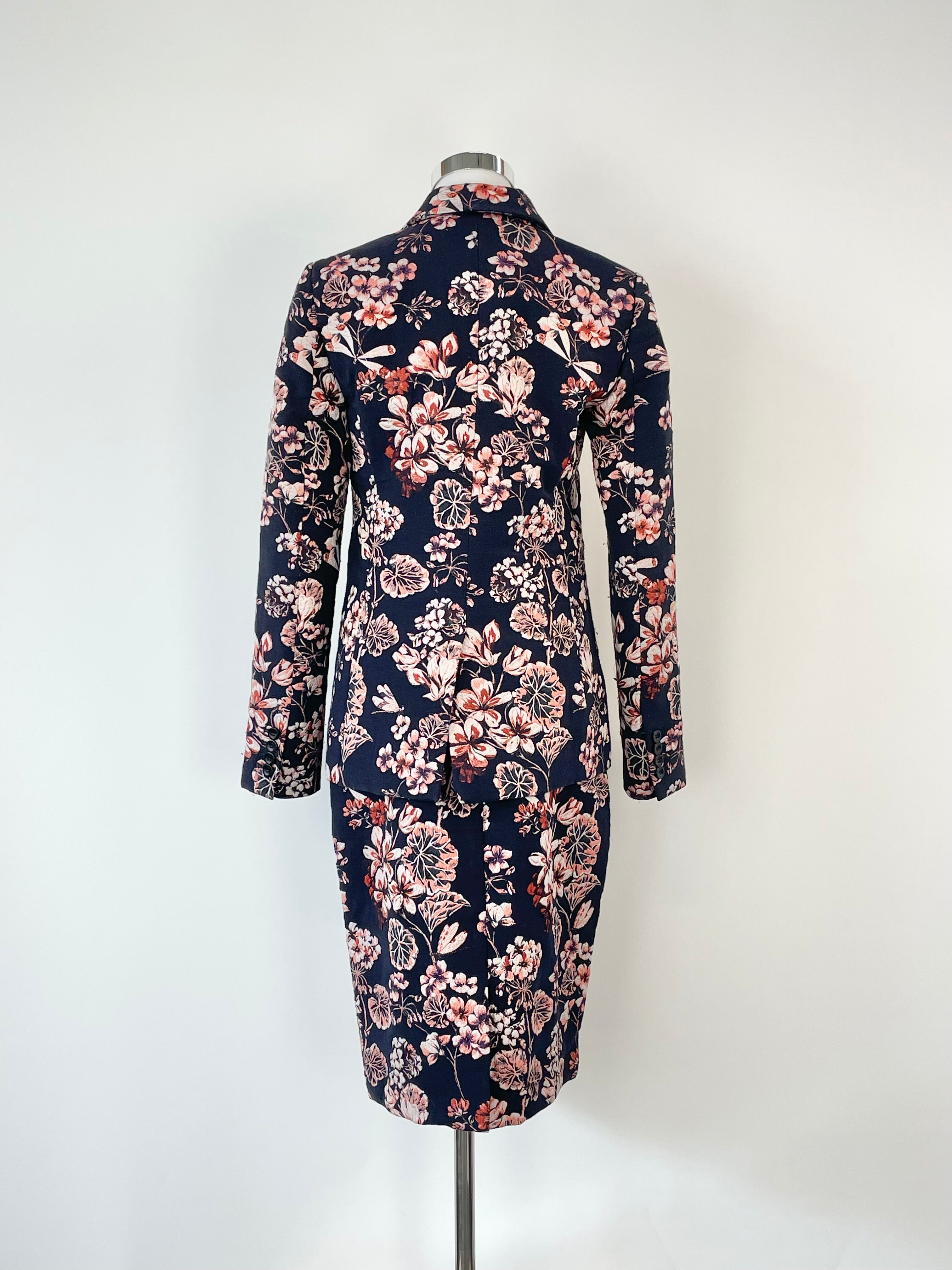 Ann Taylor Navy Blue Floral Two-Piece Blazer & Skirt Set - AU8