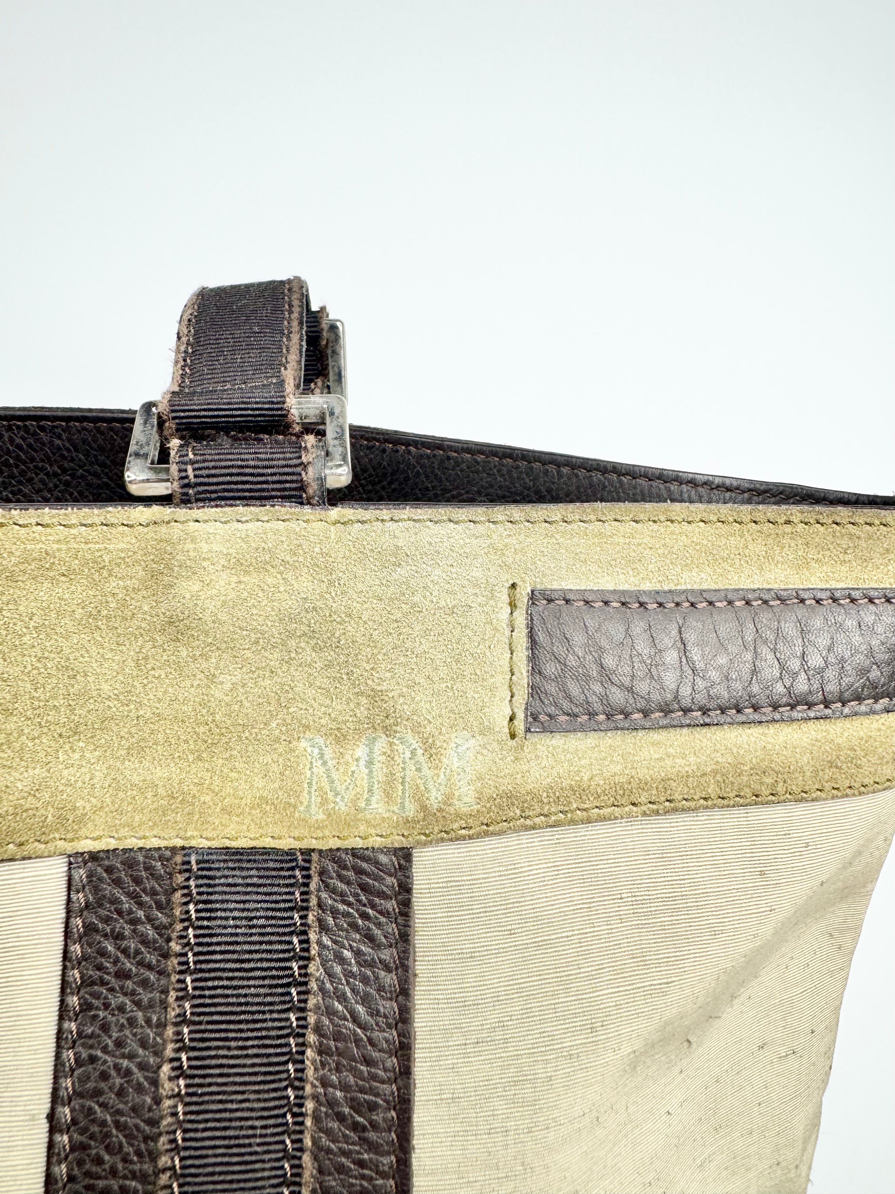 Vintage Max Mara Khaki Leather & Fabric Tote