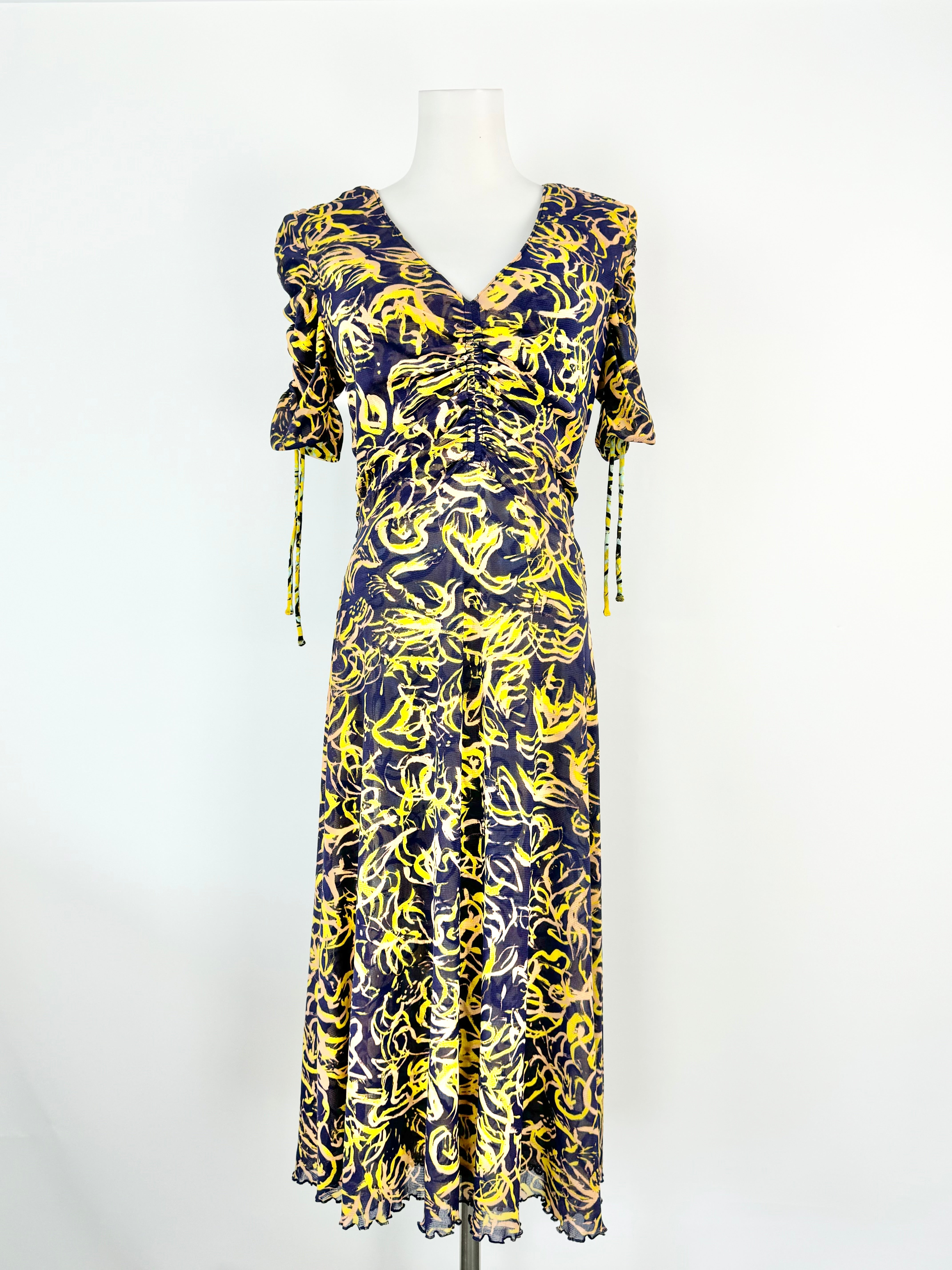 DVF 'In Charge' Yellow Patterned Ruched Dress - AU10/12