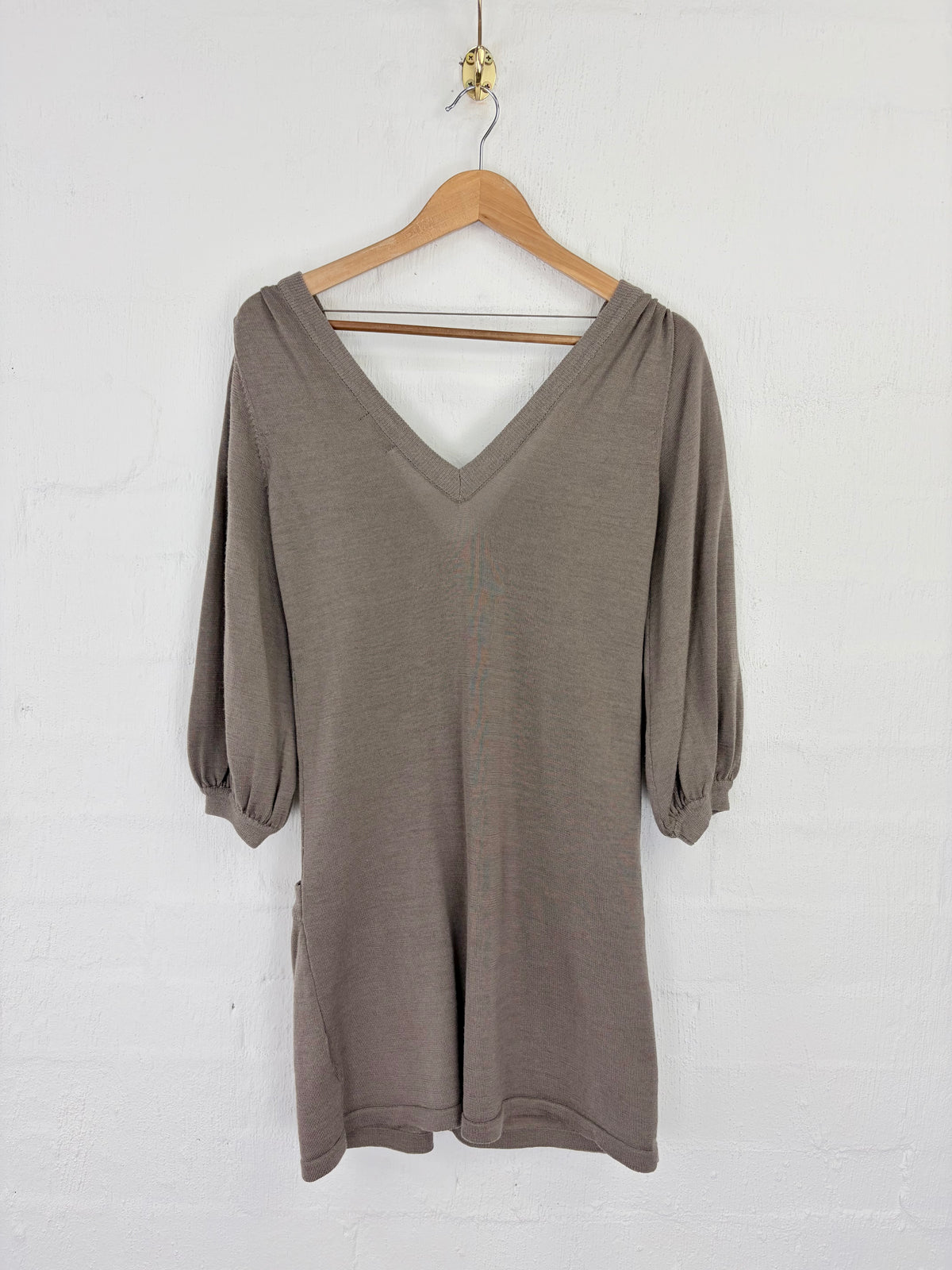 Katherine Taupe Silk & Wool V-Neck Midi Dress - AU10