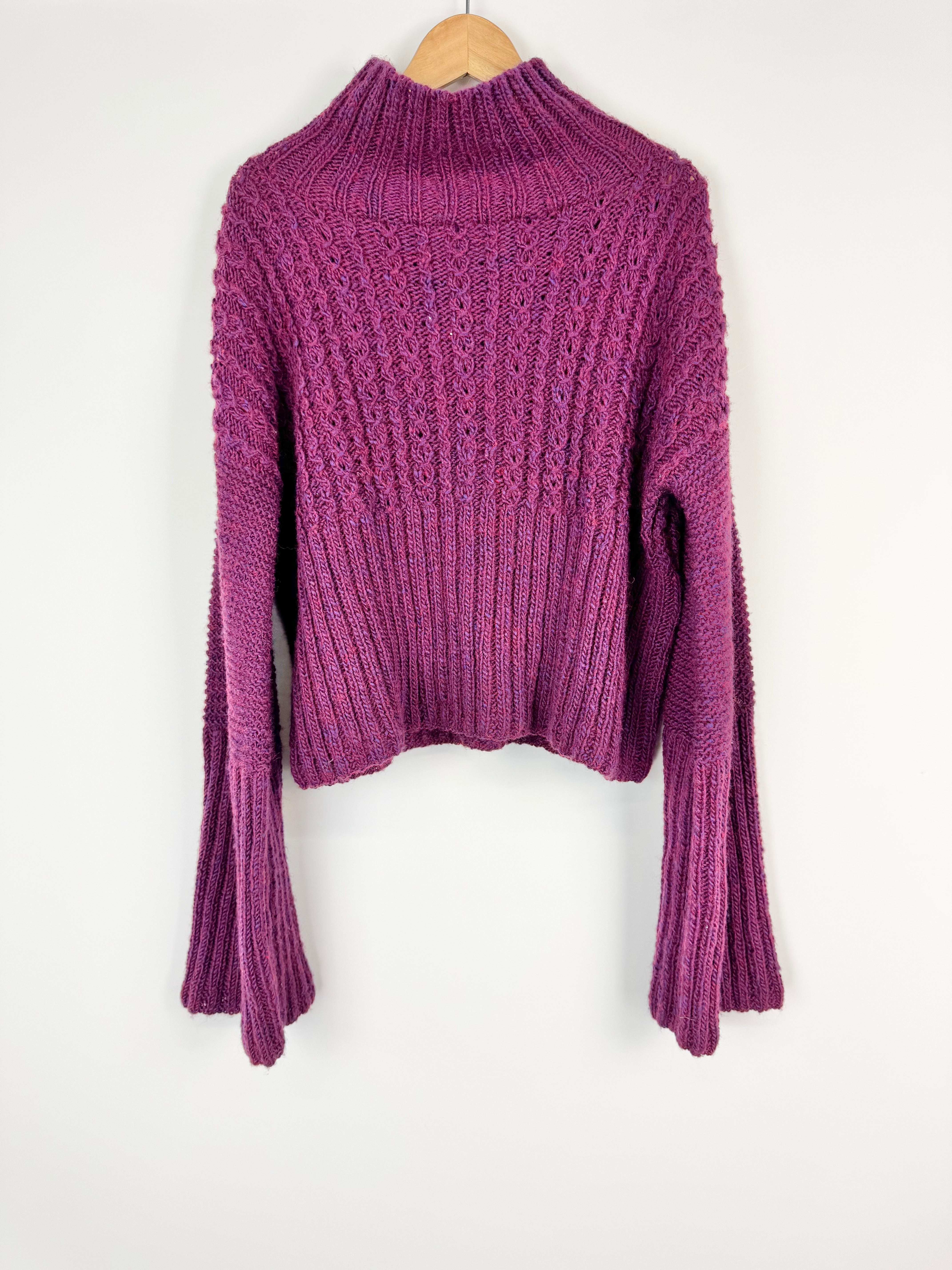 Akiranaka Boysenberry Handknitt Cable Knitted Bell Sleeve Sweater - AU10