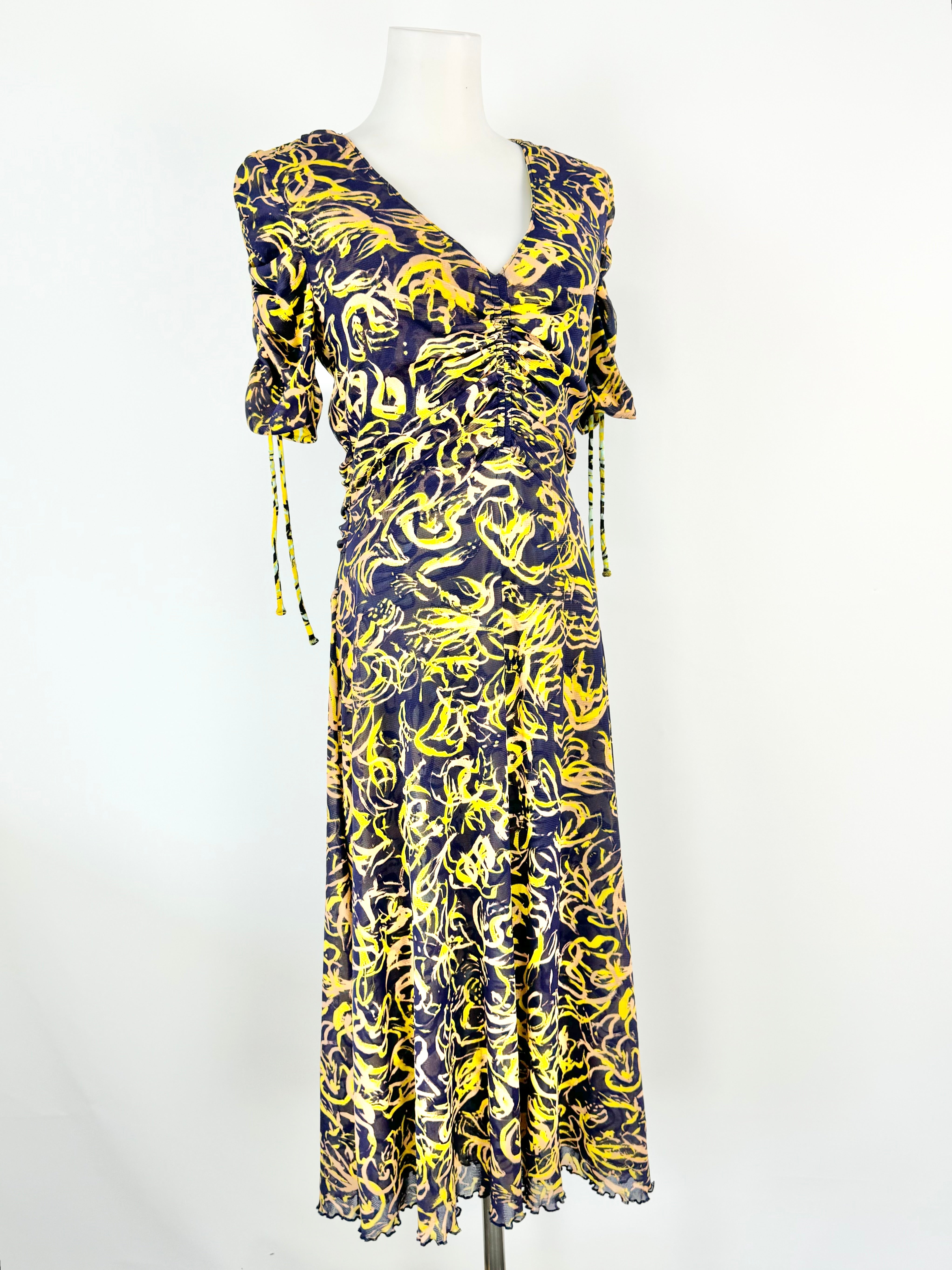 DVF 'In Charge' Yellow Patterned Ruched Dress - AU10/12
