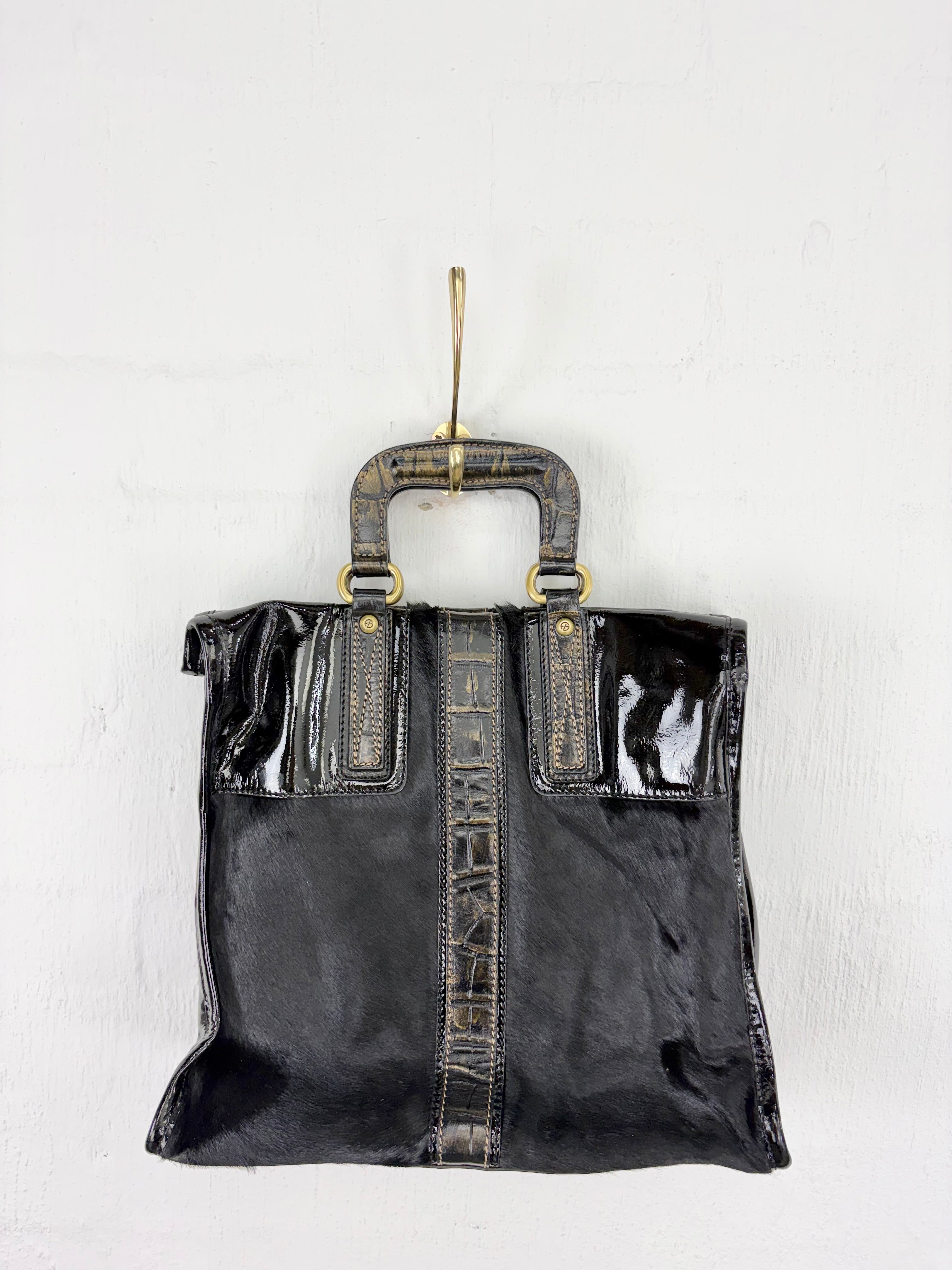 Francesco Biasia Black Leather and Cowhide Tote Bag