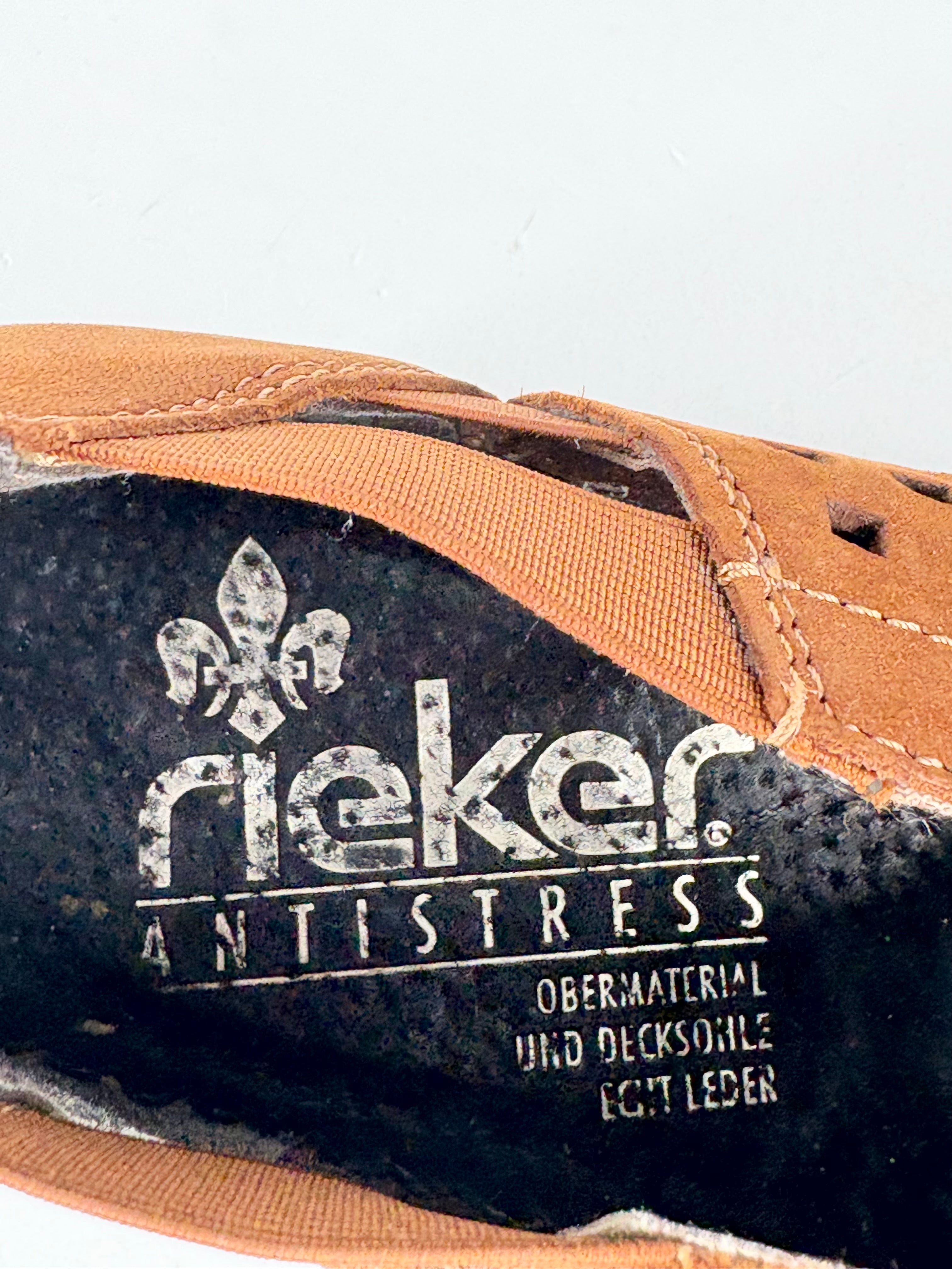 Rieker Tan Leather Perforated Slip Ons - EU42