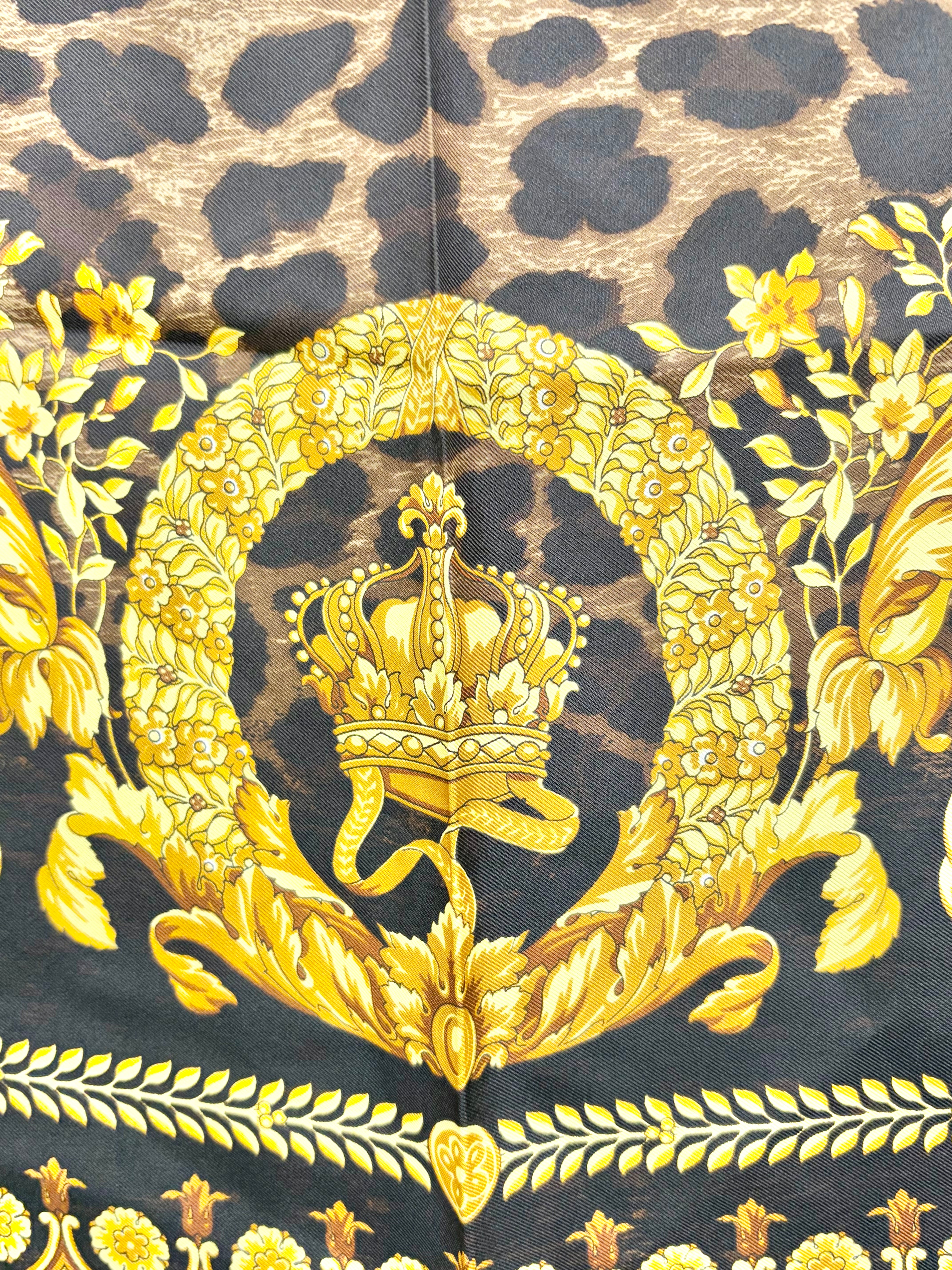 Versace Black Brocade & Leopard Print Hand-Rolled Silk Scarf