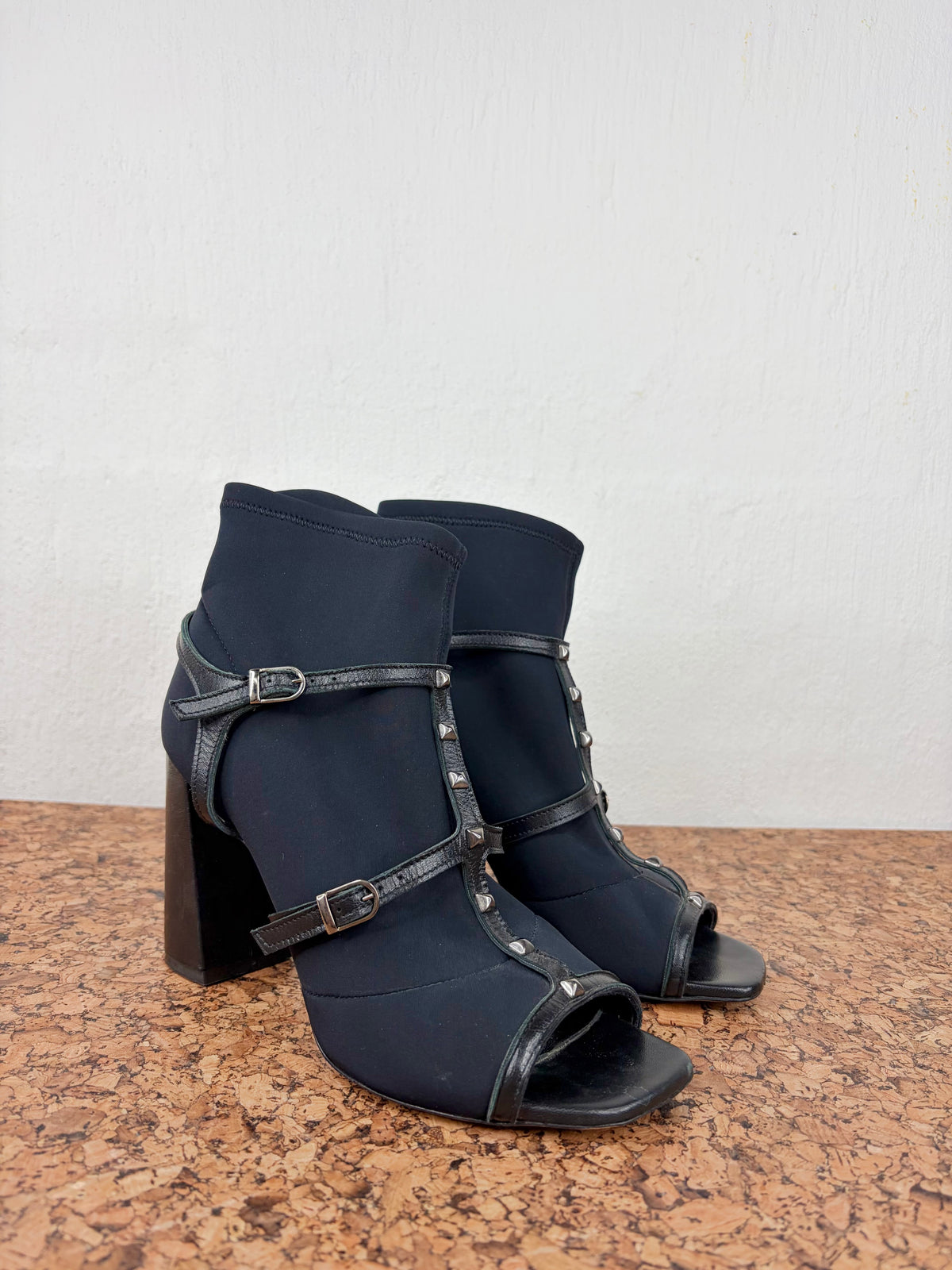OVYÉ Black Neoprene & Leather Caged Studded Block Heels - EU39