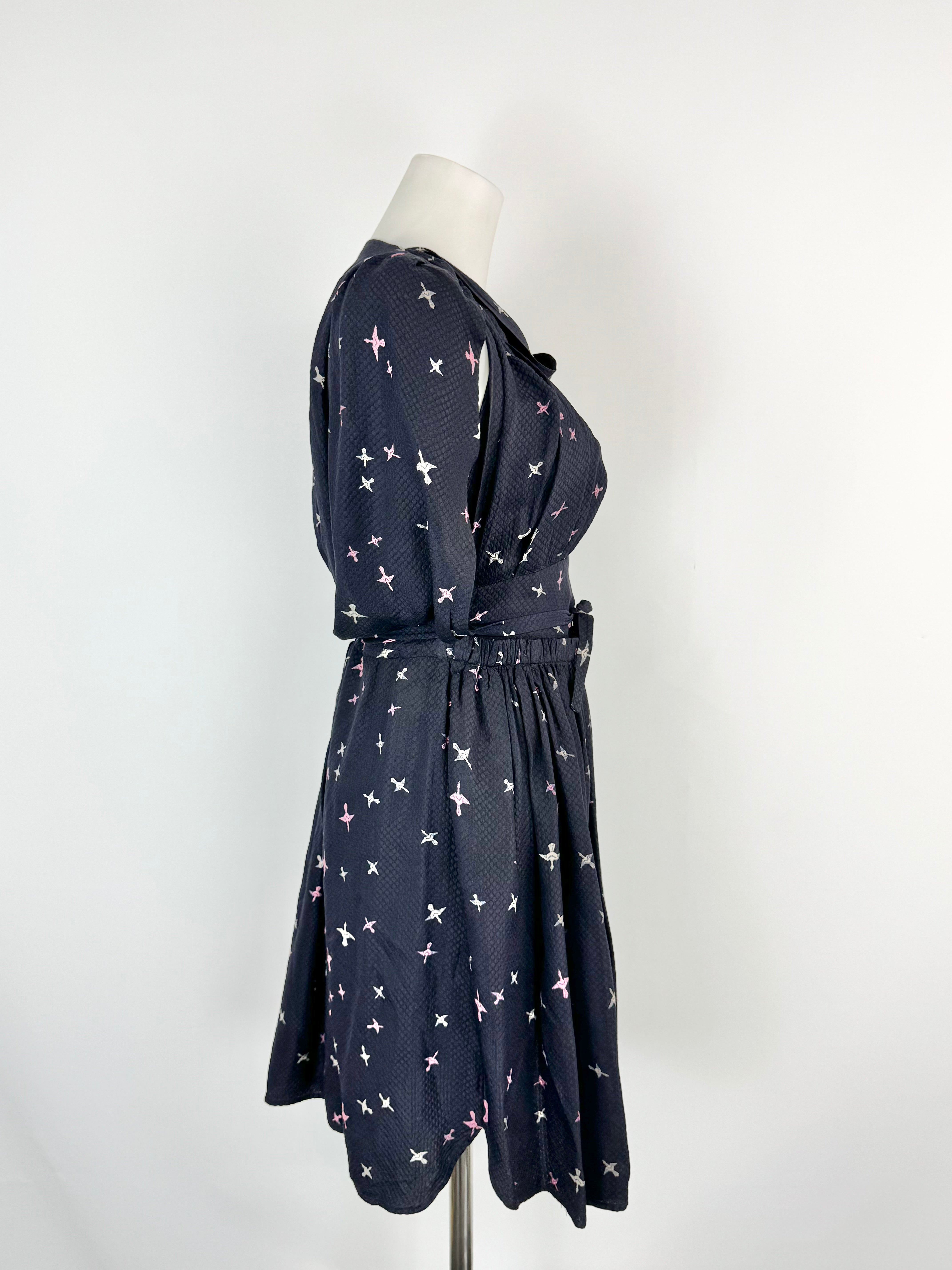 Isabel Marant Midnight Blue Bird Print Silk Dress - AU6/8
