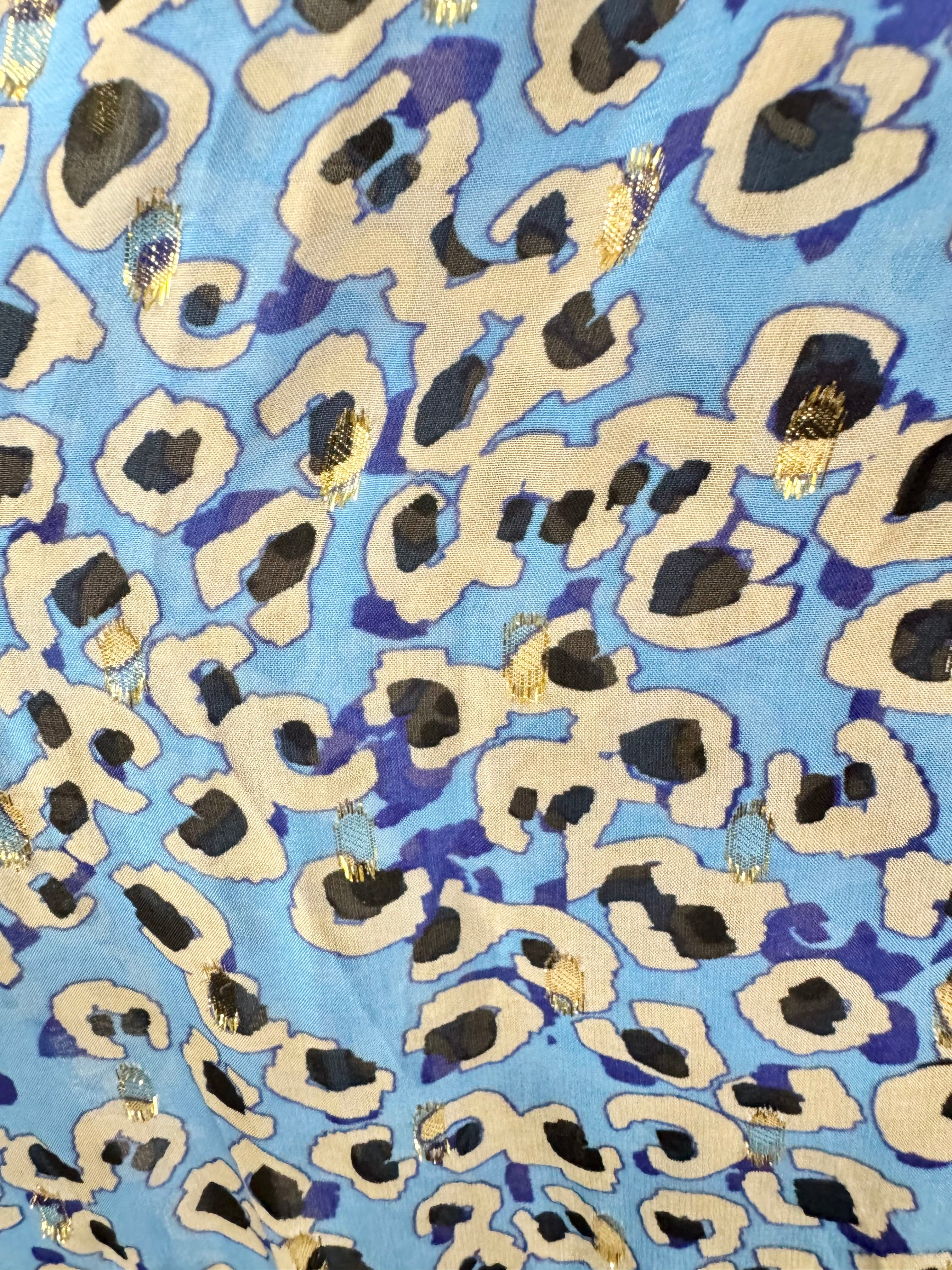 Patterned fabric with leopard print design on a blue background