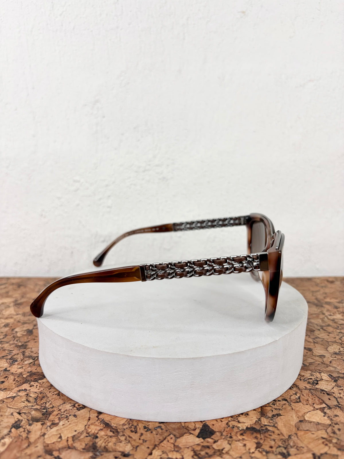 Chanel Brown Chain & Leather Link Cat Eye Sunglasses
